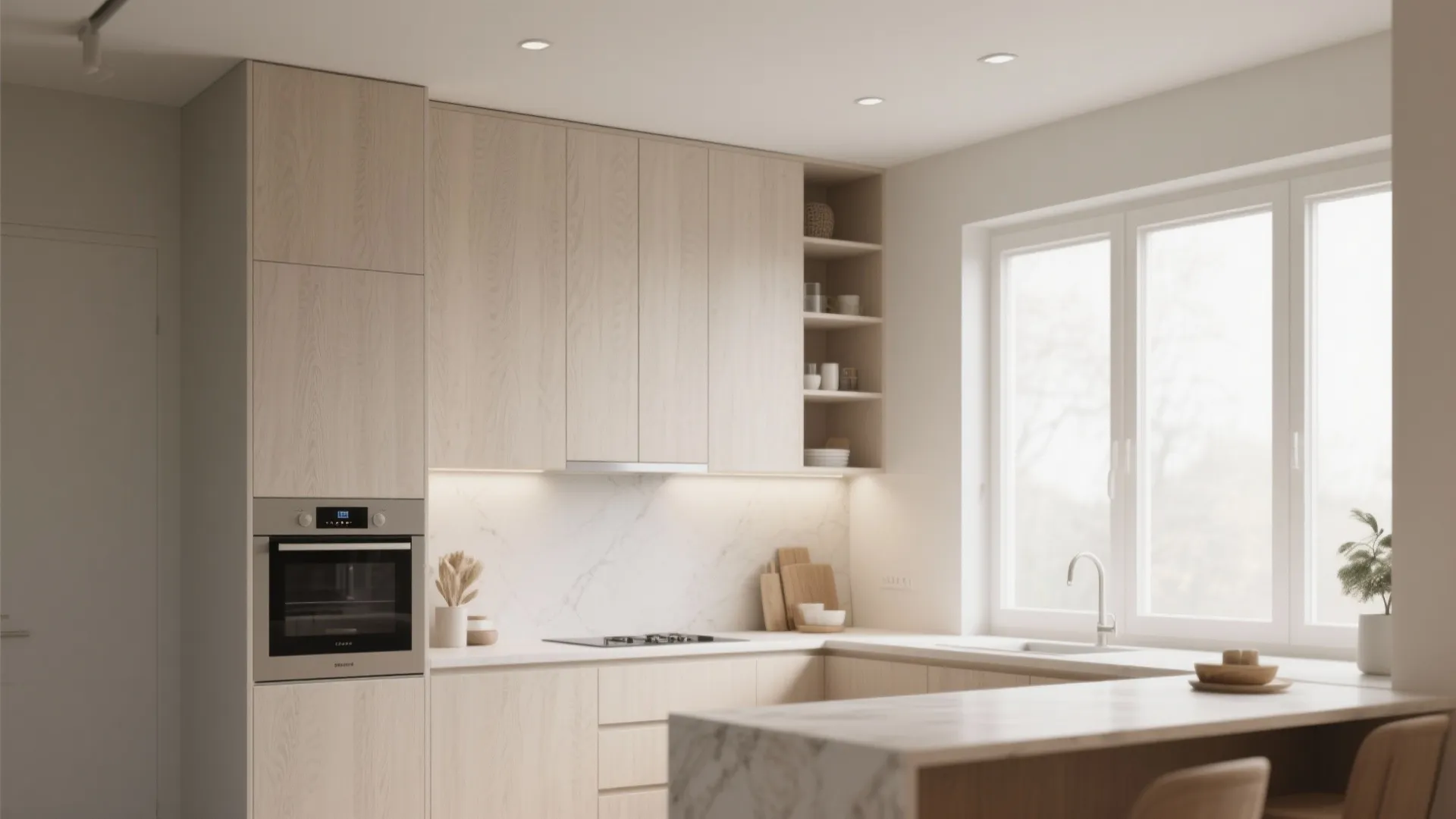Modern wood kitchen cabinets with white marble backsplash and sink area next to large windows