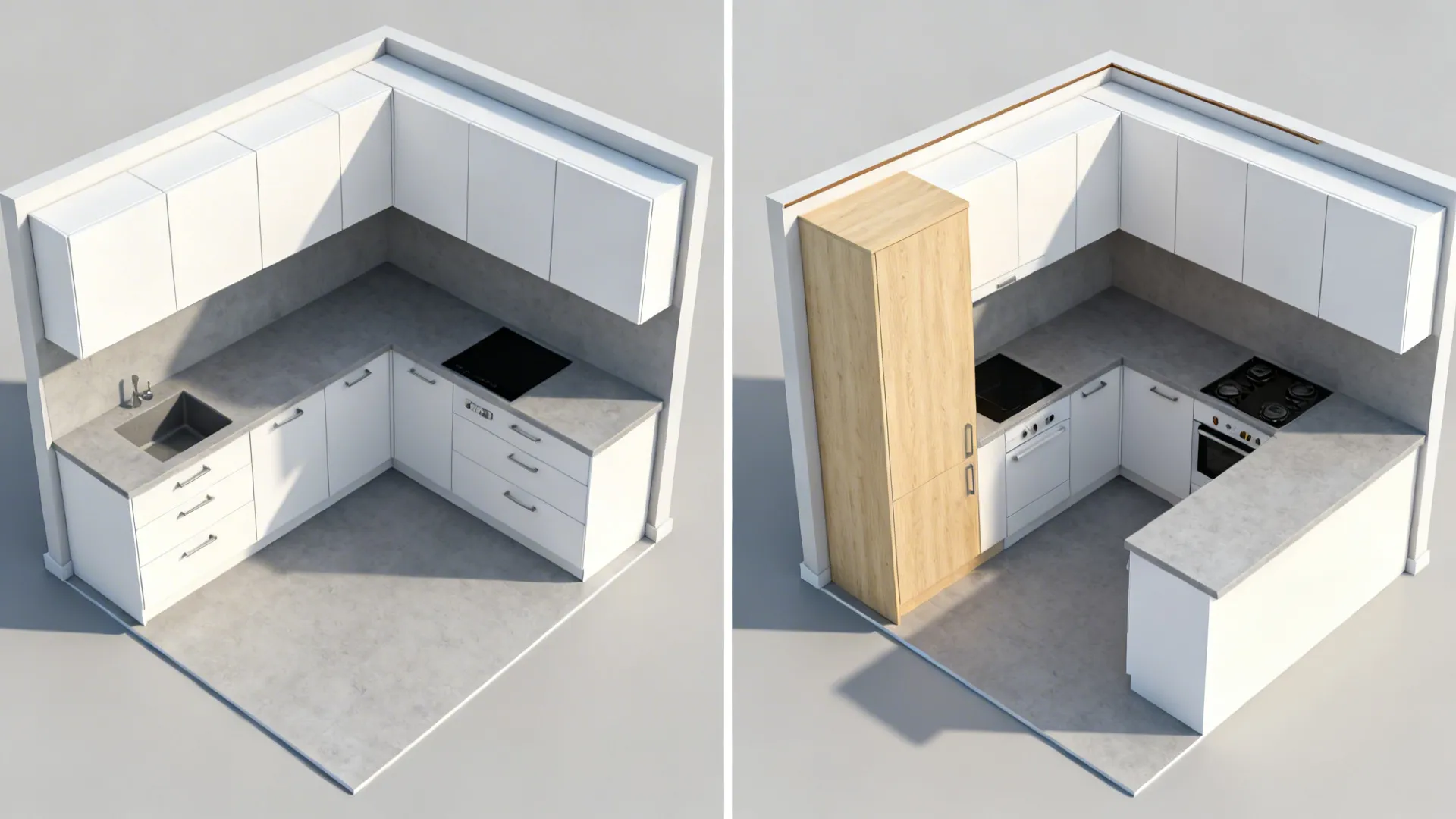 Before-and-after top view comparing standard uppers to shallow uppers with a tall pantry column.