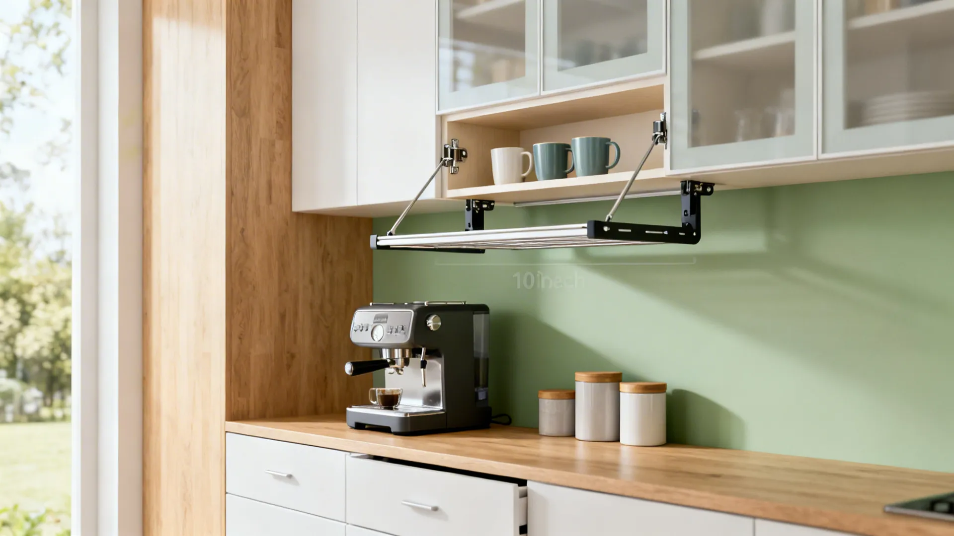 Shallow 10-inch upper cabinets with a pull-down rack over a coffee station for easy reach.