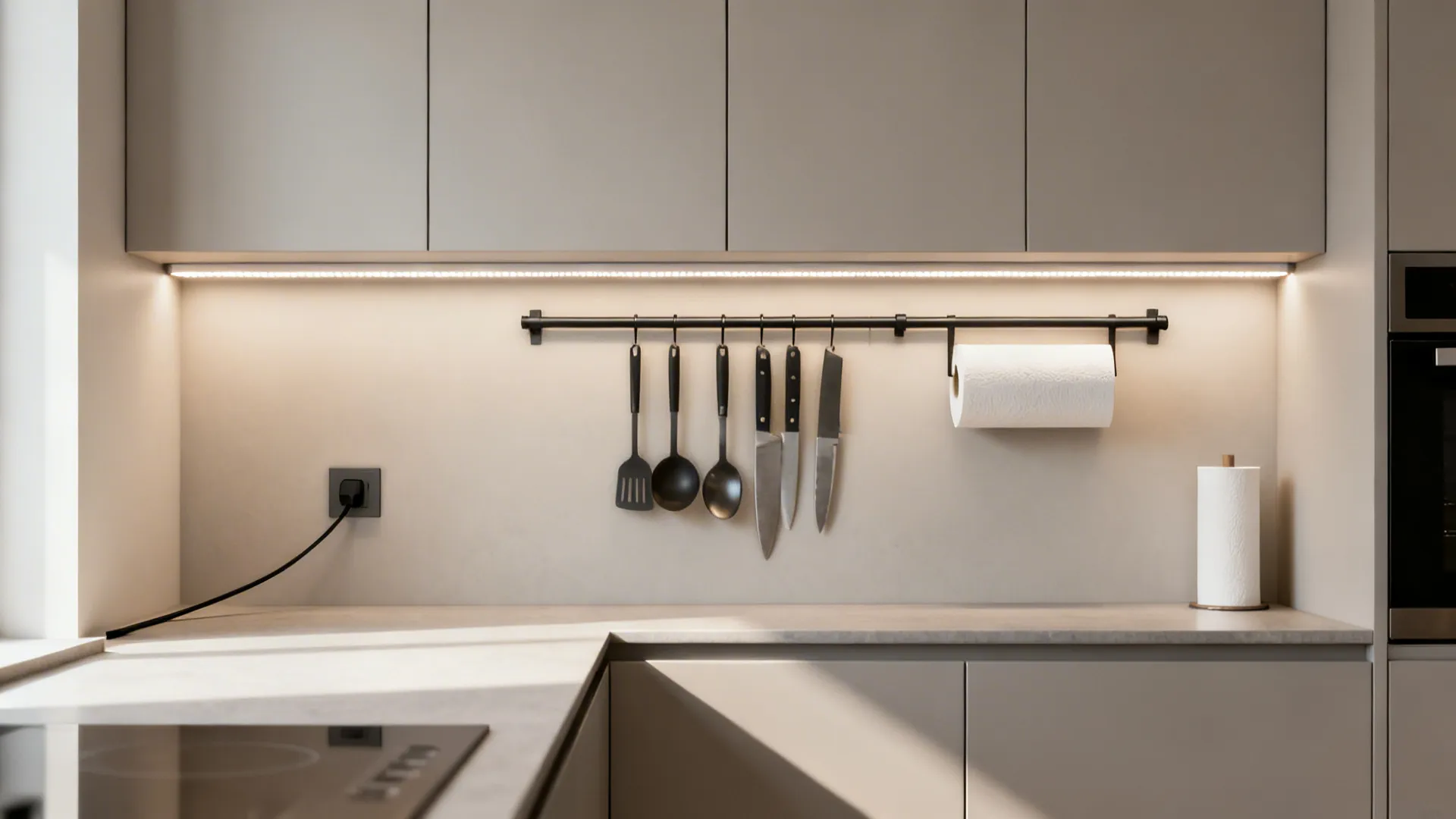 Shallow-depth uppers with LED strip, rail, and angled plug strip over a clean prep counter.