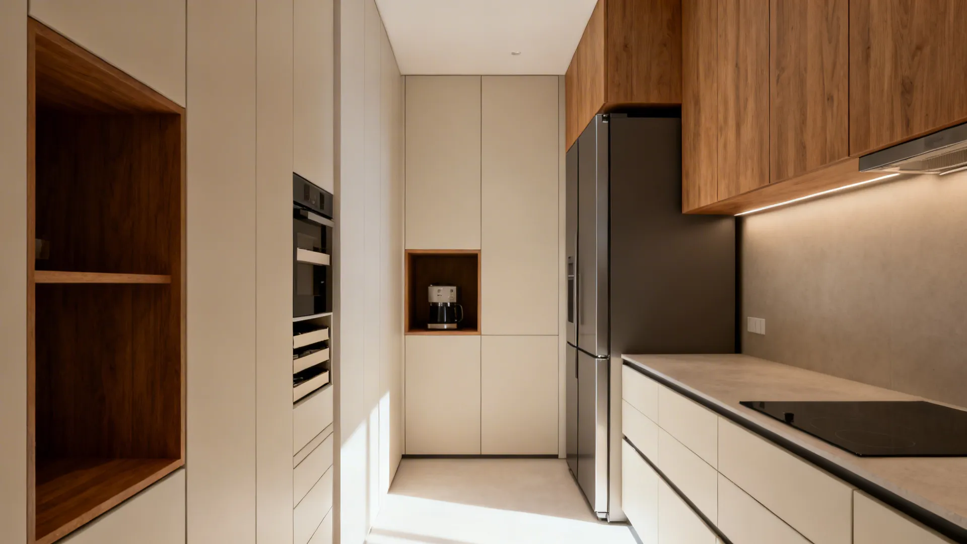 Small kitchen with a shallow tall cabinet utility wall and integrated fridge panels.