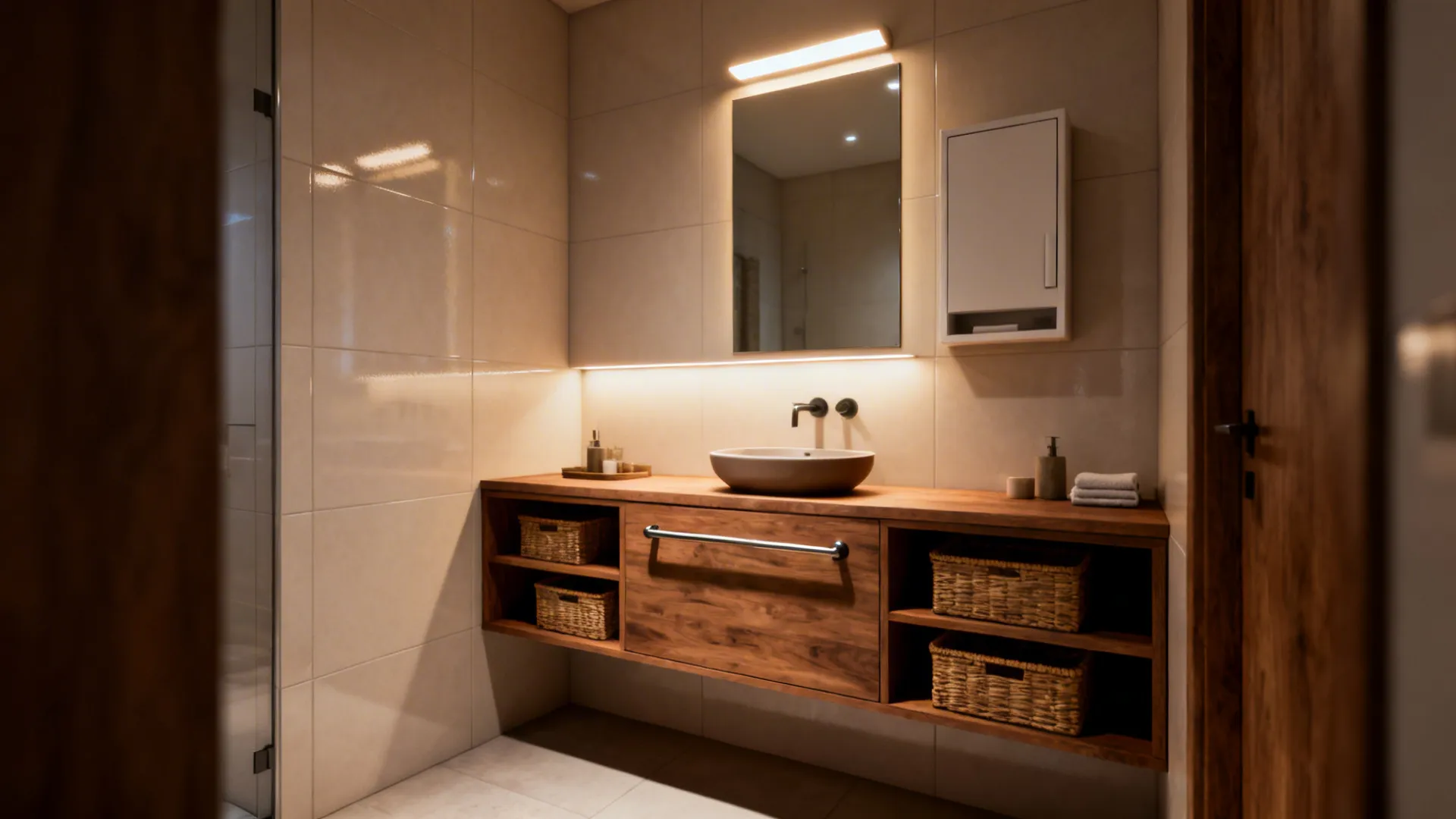 Shallow floating vanity with open shelving and baskets in a small bathroom.