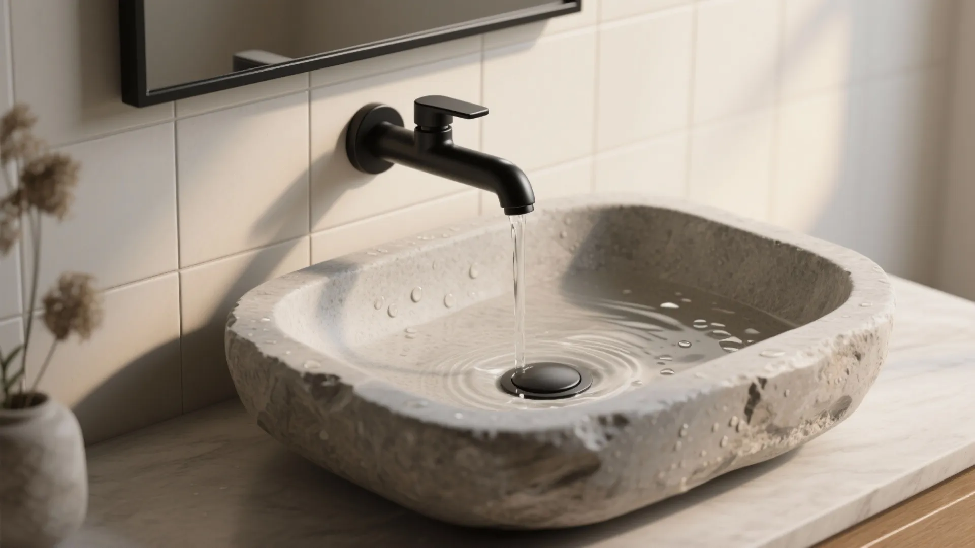 Natural stone bathroom sink with water flowing from a black wall light fixture into water