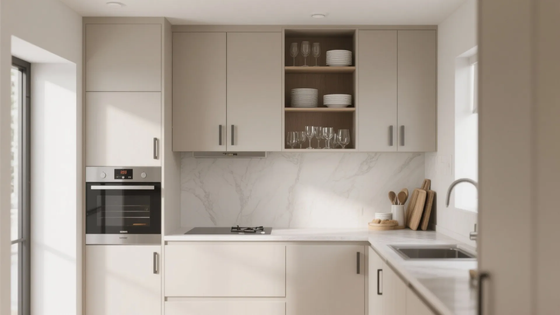 Shallow wall cabinets keeping a small kitchen uncluttered