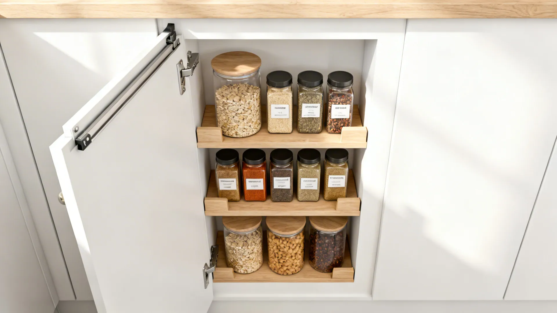 Shallow between-the-studs wall pantry with pocket doors and neatly arranged jars and cereals.