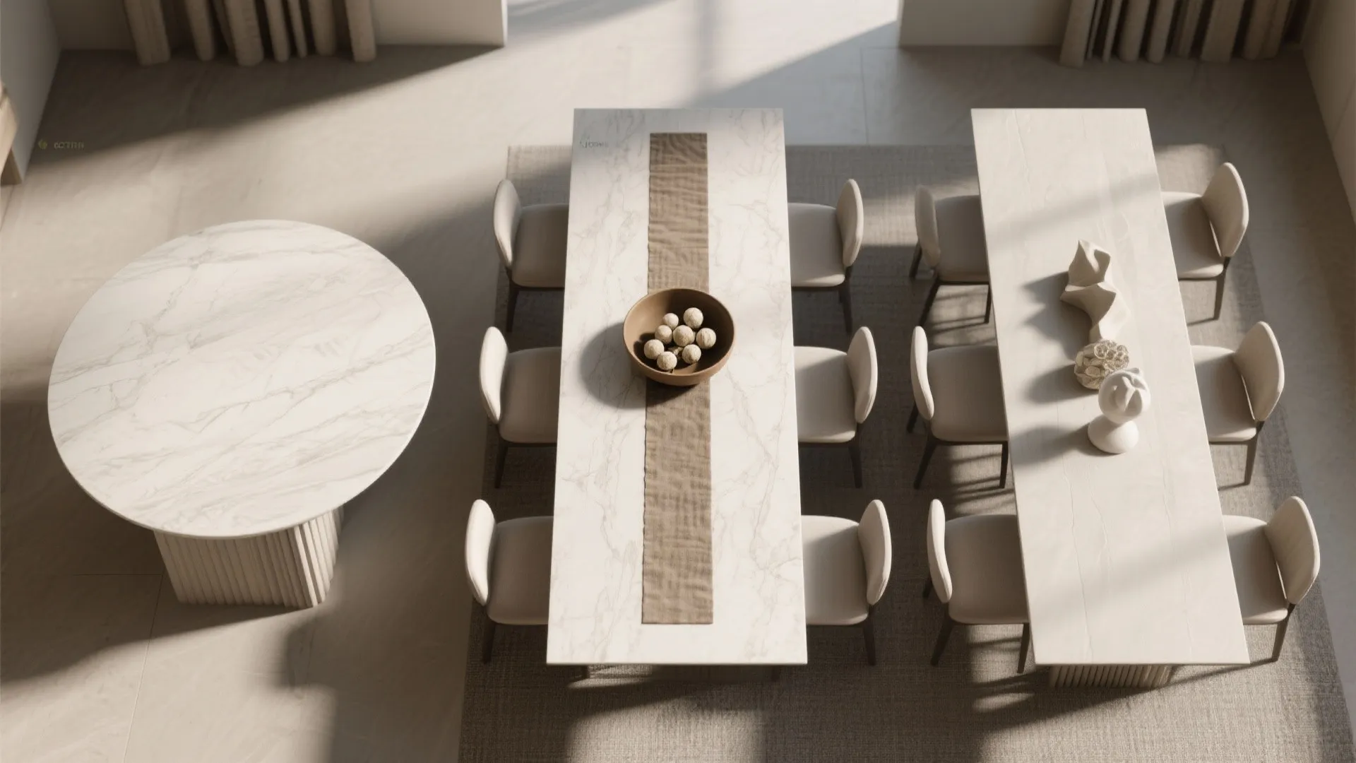 Top view of marble dining tables and chairs arranged in a modern neutral minimalist room