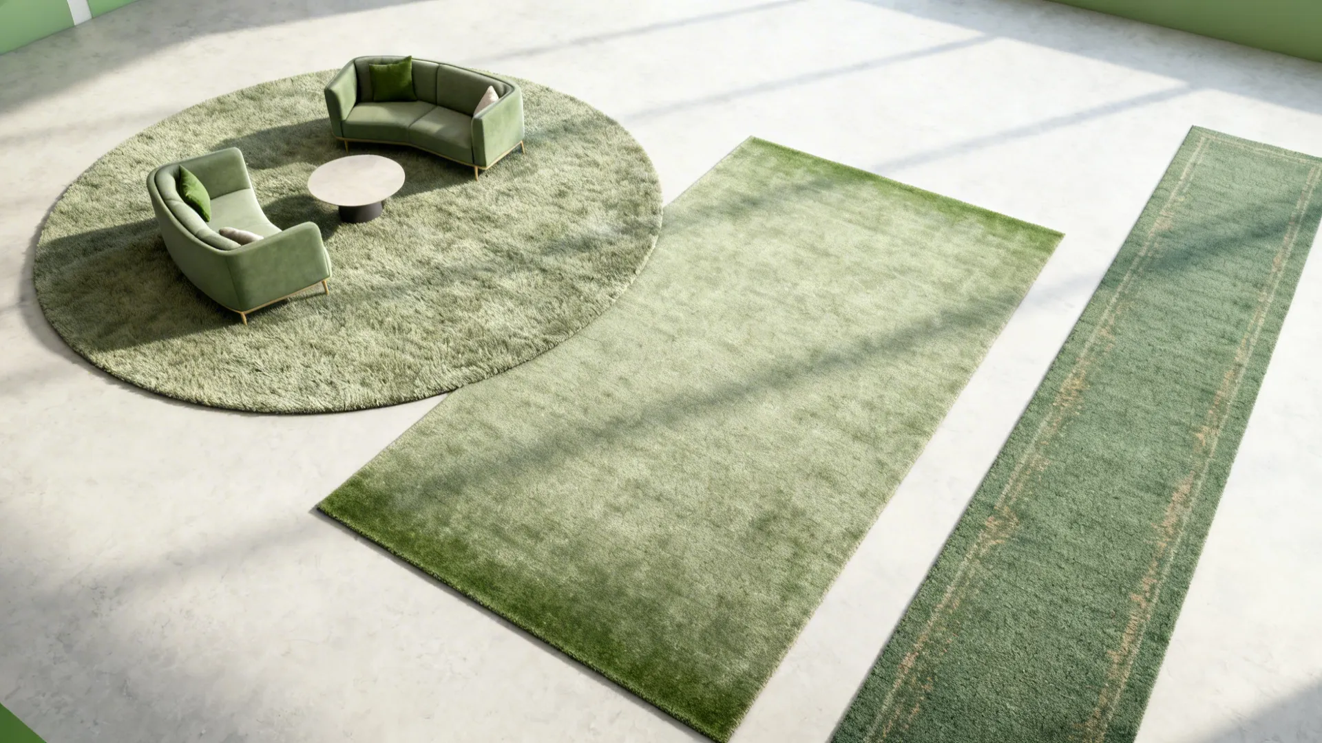 Comparison of round, rectangular, and runner rugs showing traffic flow and durable runner material.