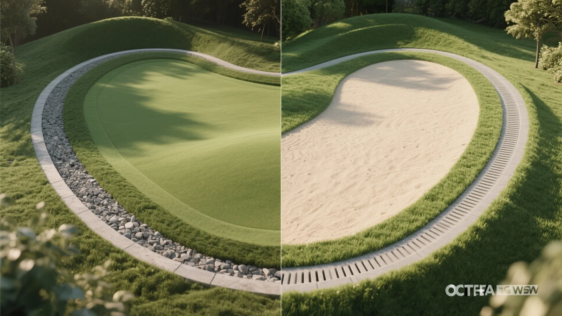 Side by side comparison showing a green grass field versus a sand area in landscaping