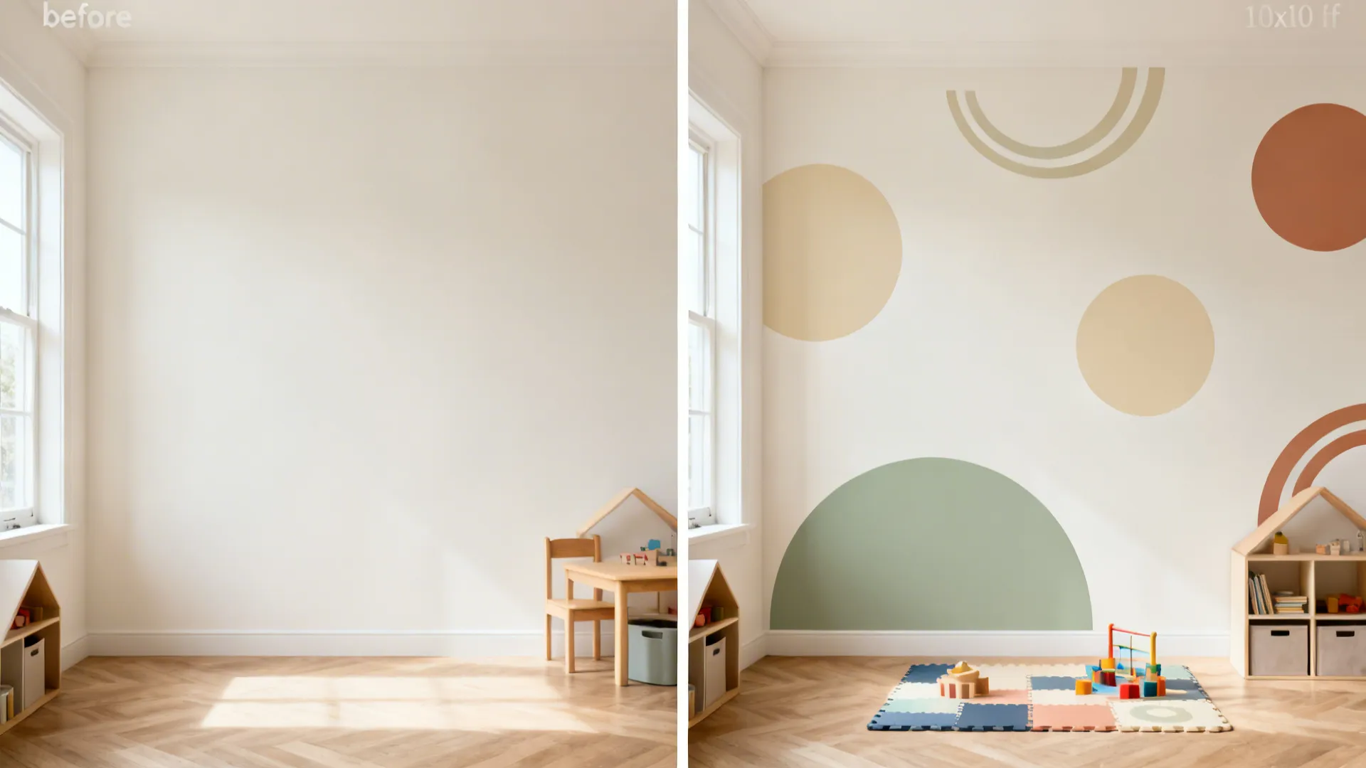 Before-and-after of a small living room wall transformed by muted circle and arc decals.