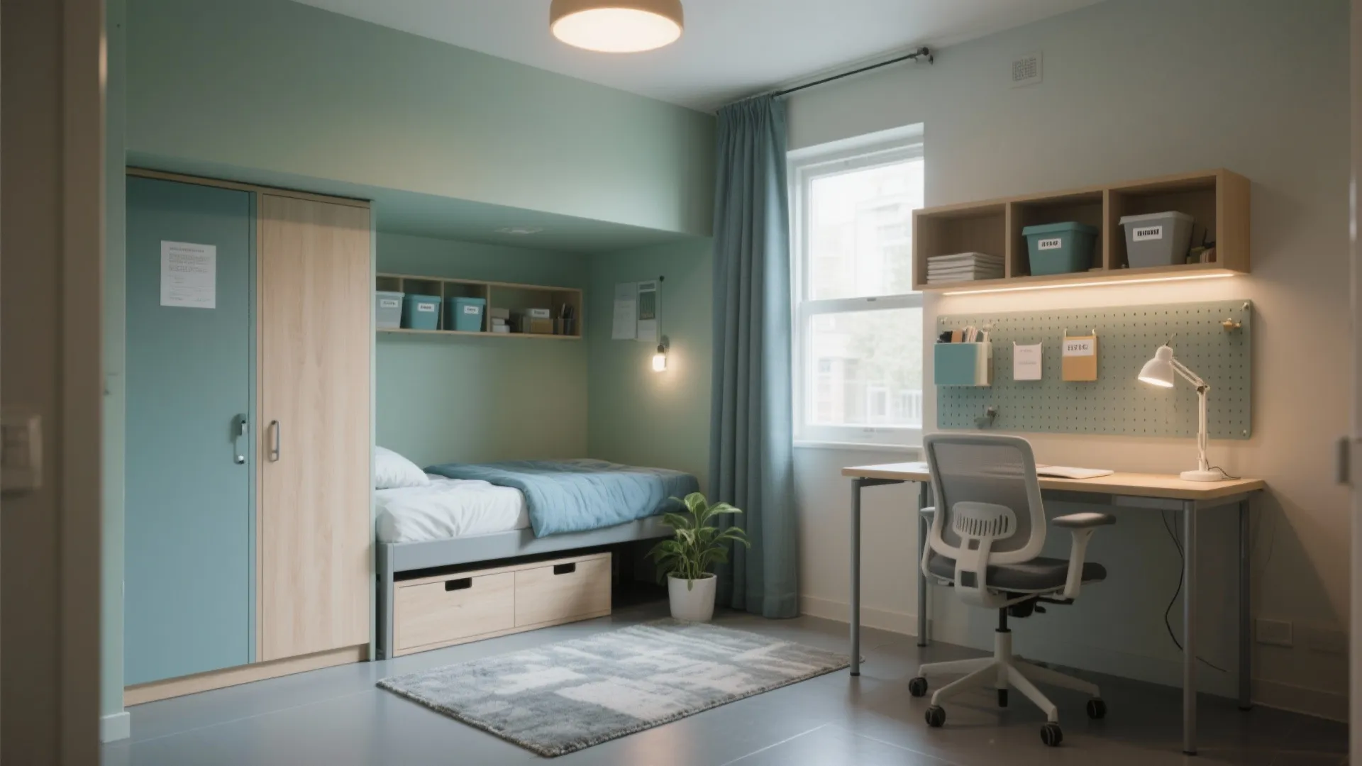 Modern student bedroom with green walls single bed wooden desk office chair and ceiling light