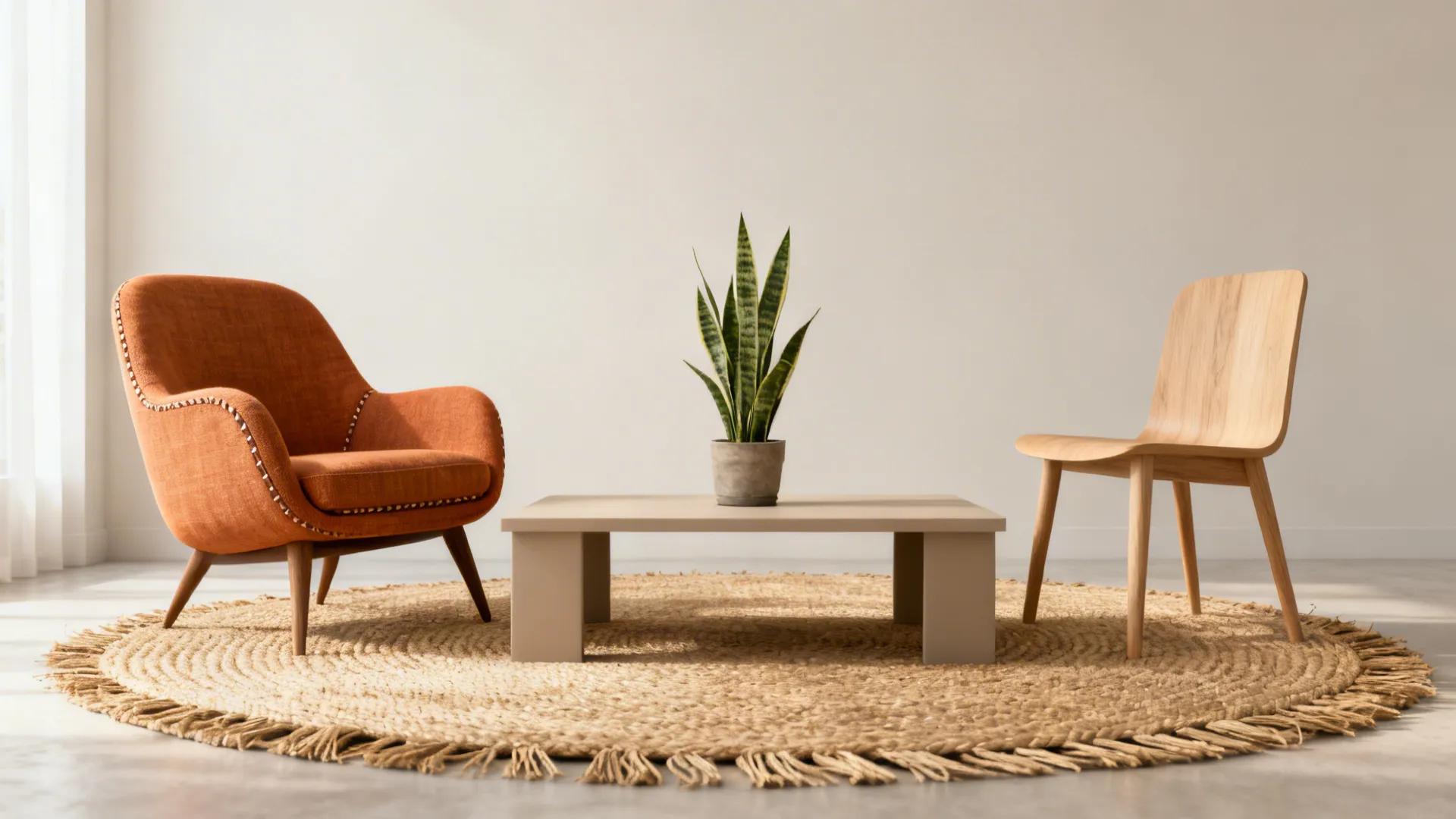 Orange sofa and wooden chair on a round rug with a small table and plant