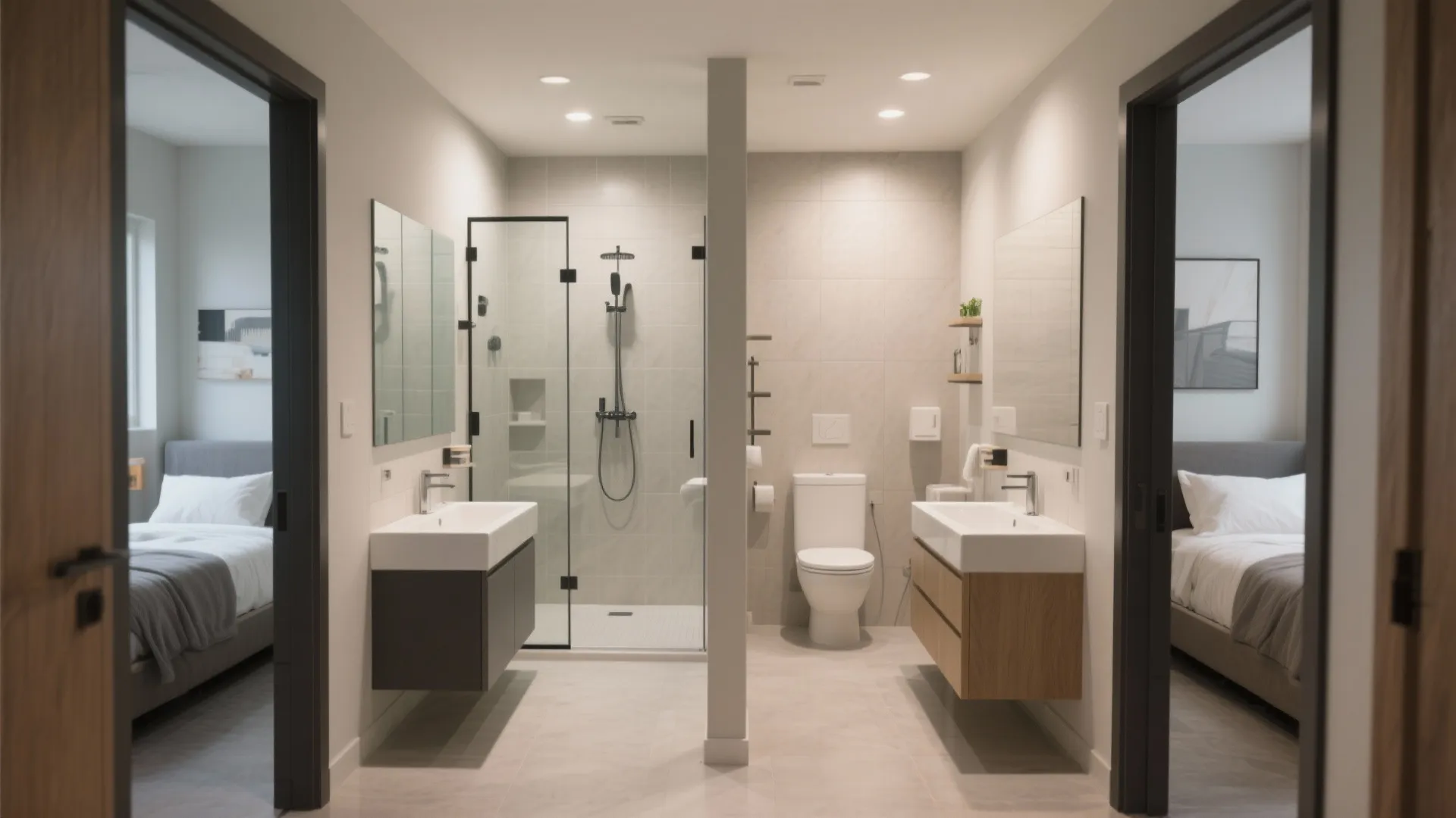 Modern shared bathroom with double sinks glass shower toilet and view into two separate bedrooms