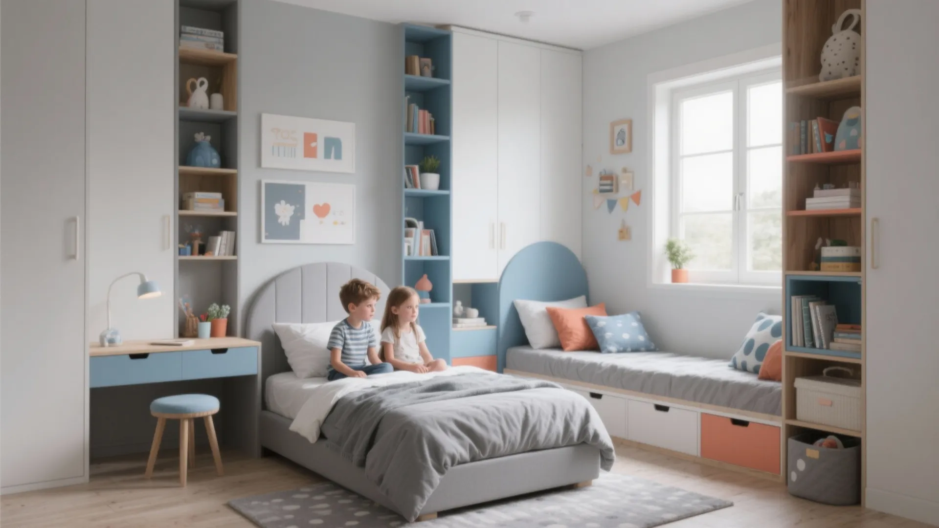 Two children sit on a grey bed inside a blue and white bedroom with many shelves