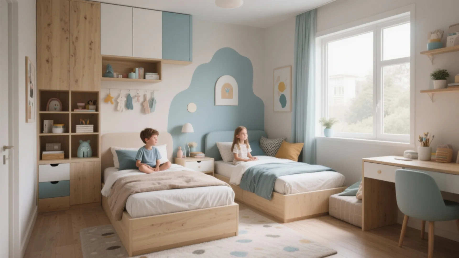 Shared bedroom for kids featuring two twin beds light wood storage cabinets and a window