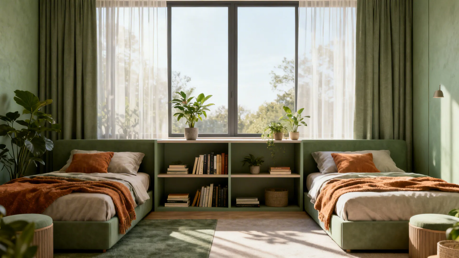 Shared green bedroom with two beds separated by an open bookshelf under a large bright window