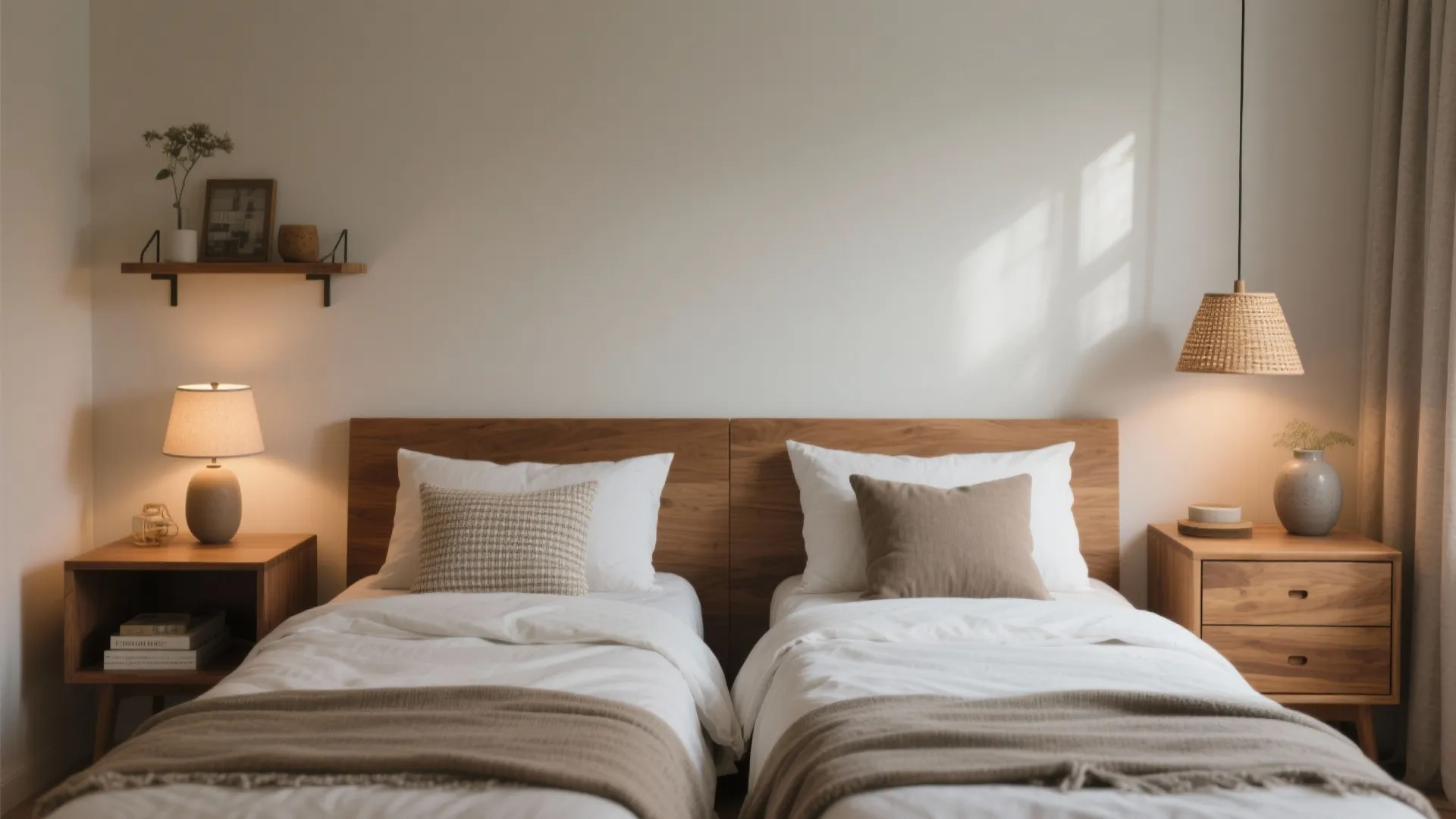 Modern bedroom with two single beds, wooden headboard, bedside tables, warm lamps and white walls