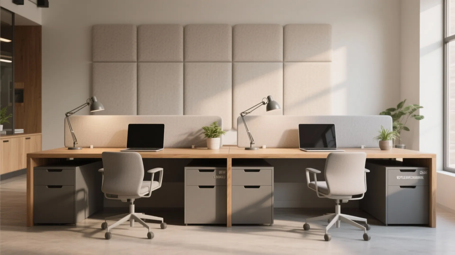 5. Shared bench desk with privacy screens for multi-user rooms