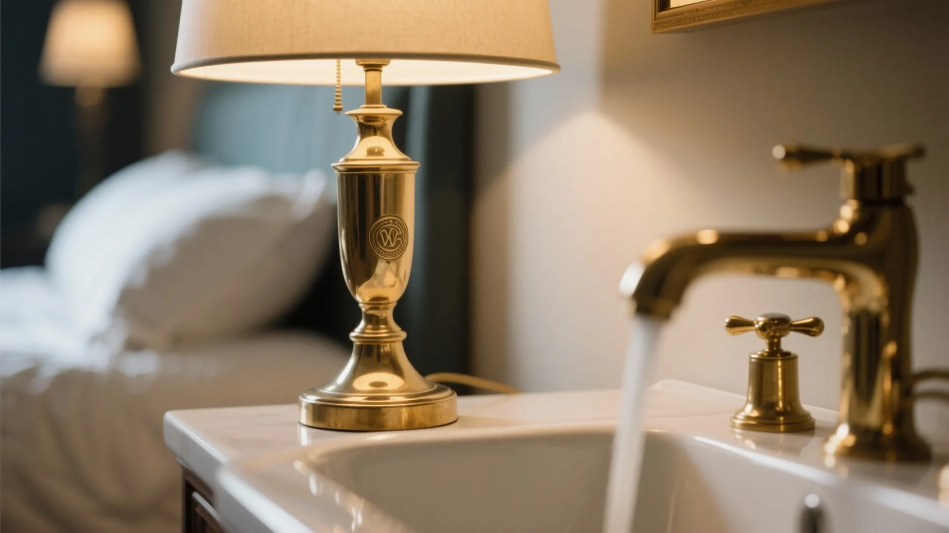 Close-up of matching brass fixtures in bedroom and bathroom decor
