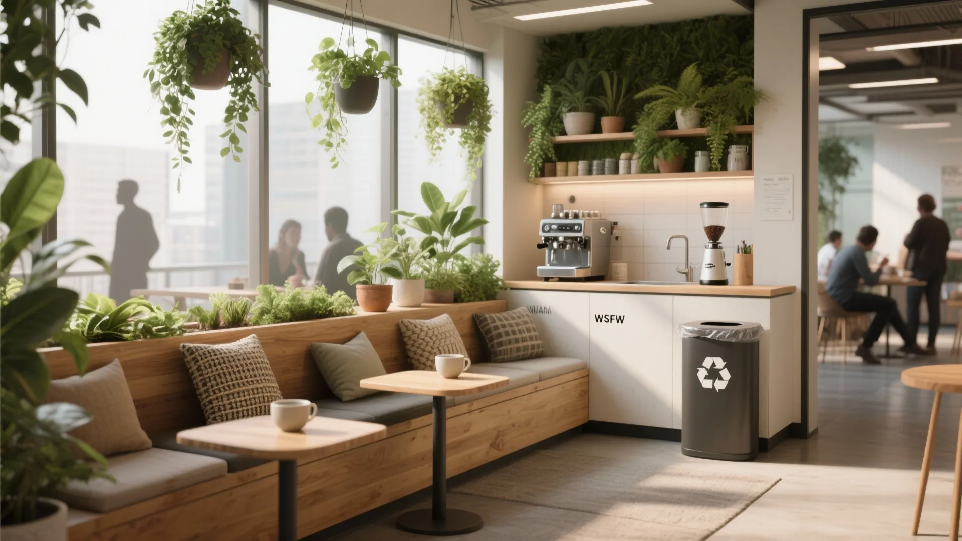 Modern office breakroom featuring wooden bench seating green hanging plants coffee station and natural window light