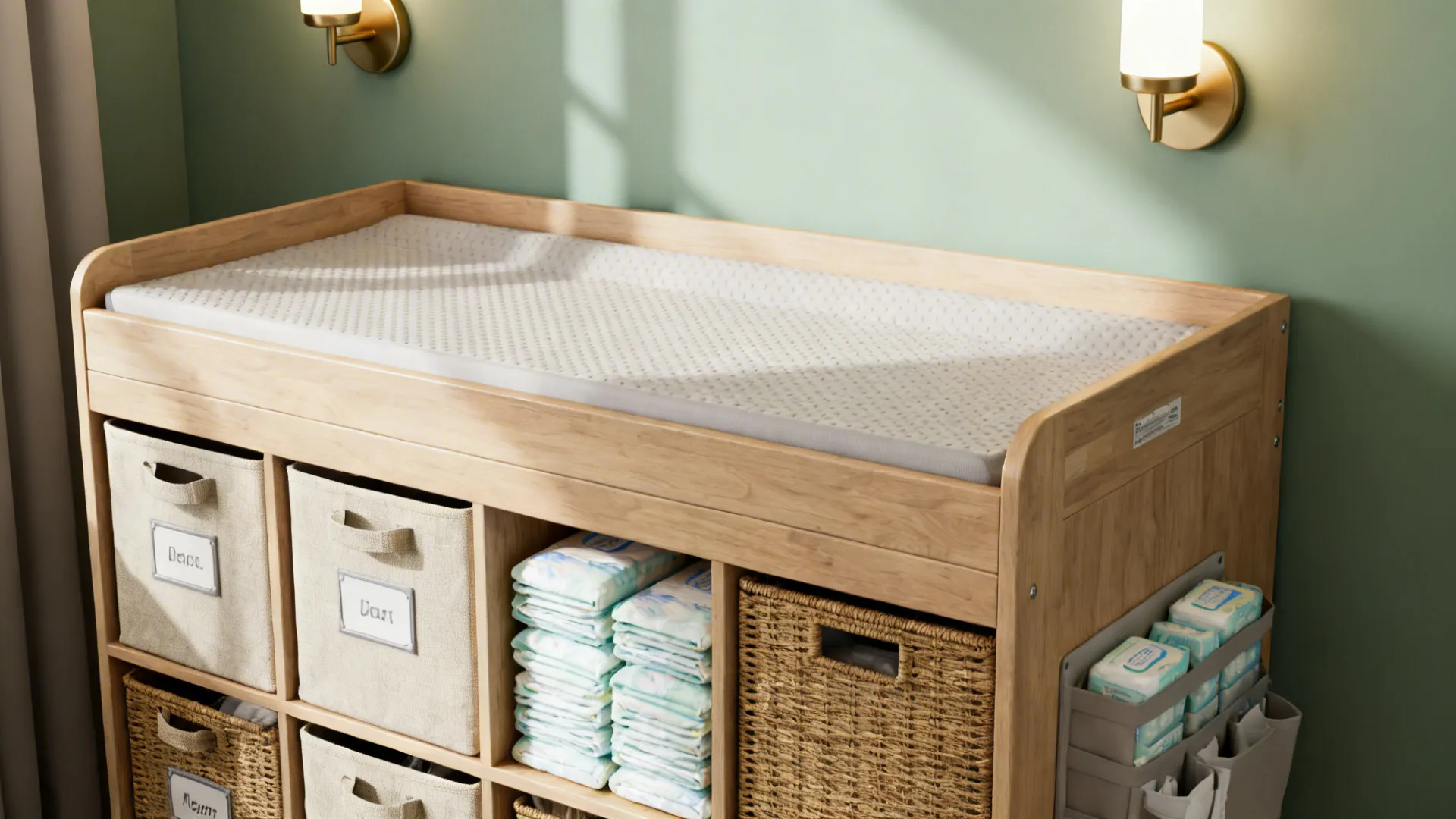 Shared multifunctional changing station with divided storage and organized supplies