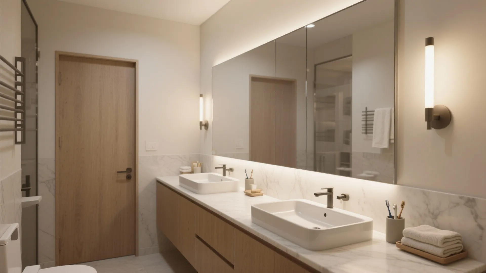 Two sinks on one long, slim countertop (shared counter)