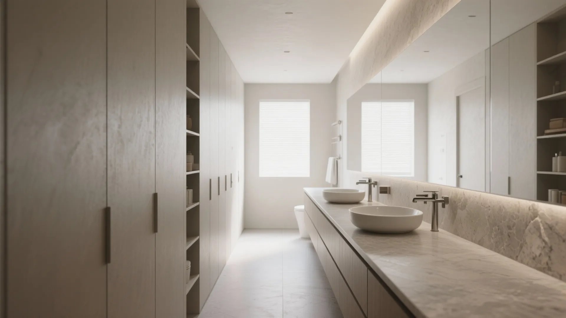 Long bathroom interior with marble counter two round sinks big mirror and light colored storage cabinets