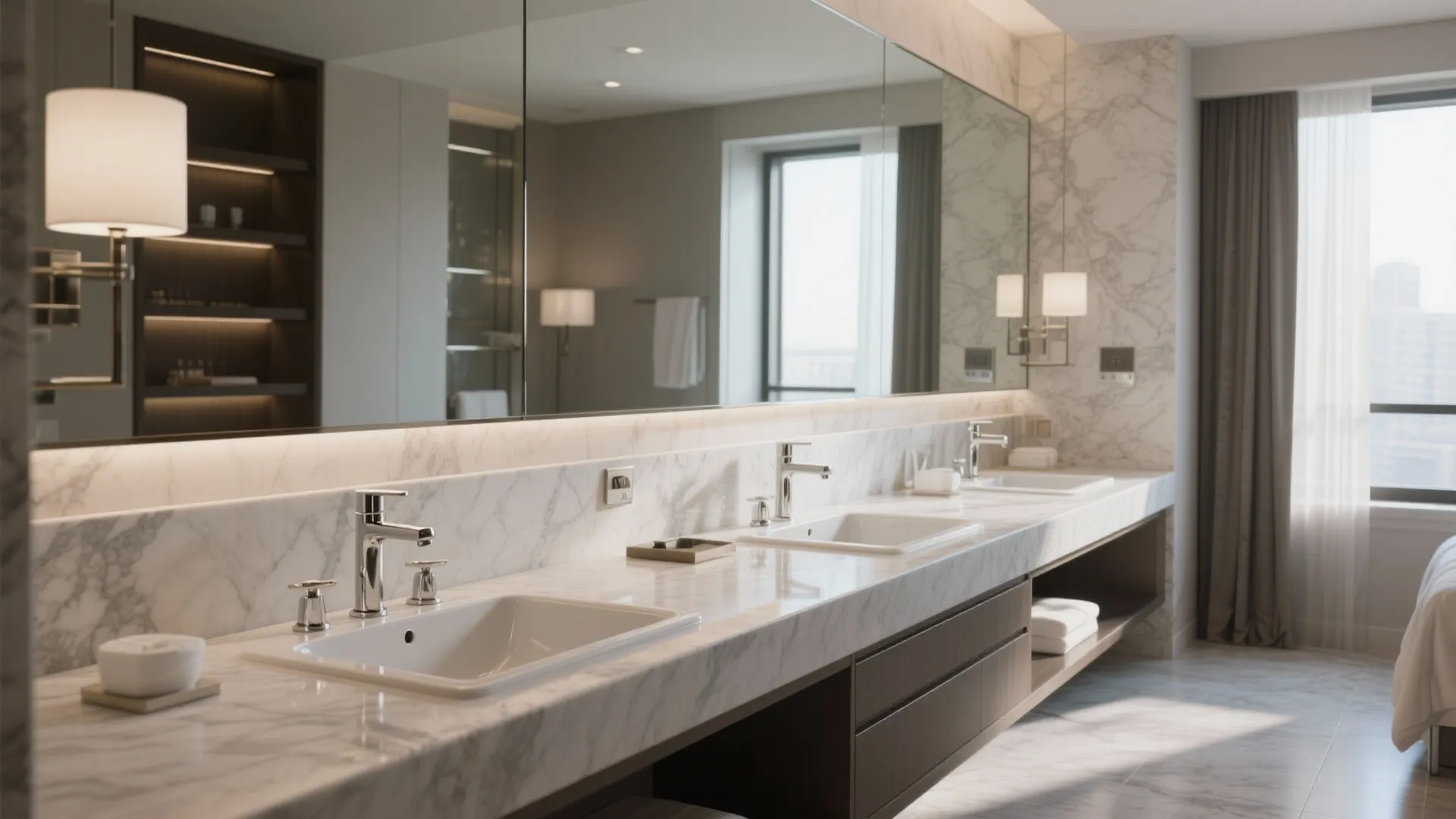 Long countertop with two modern sinks and large mirror
