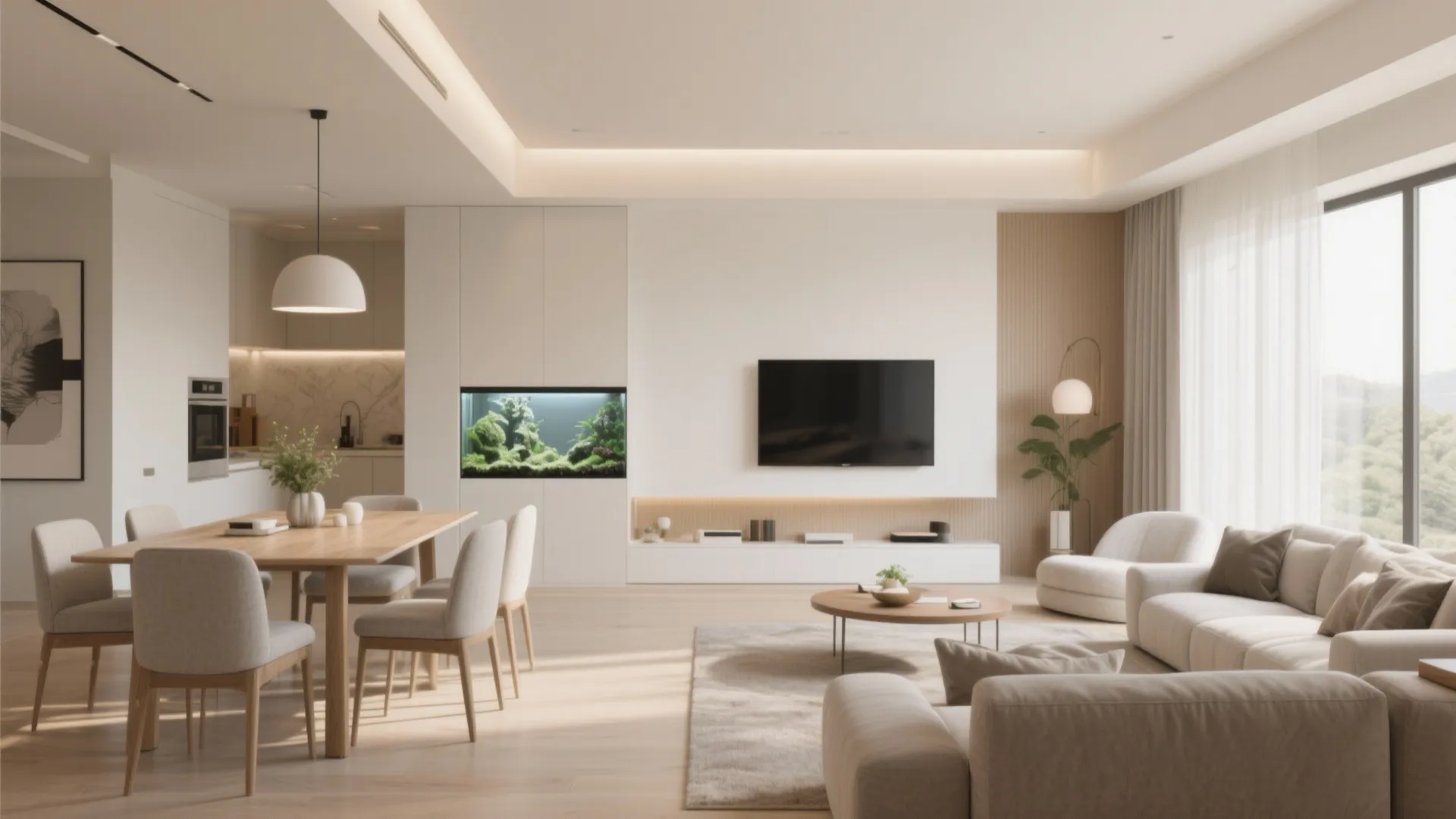 Modern open plan living room with white sofa wooden dining table and large fish tank