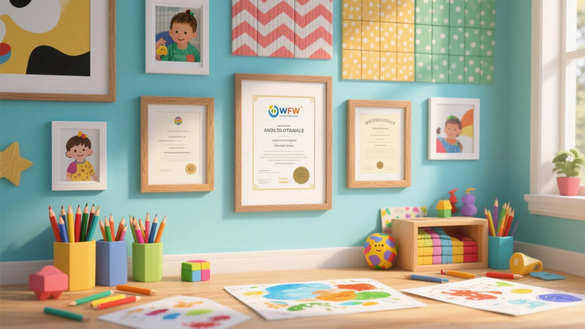 Blue wall with framed pictures and certificates above a desk with colorful pencils and drawings