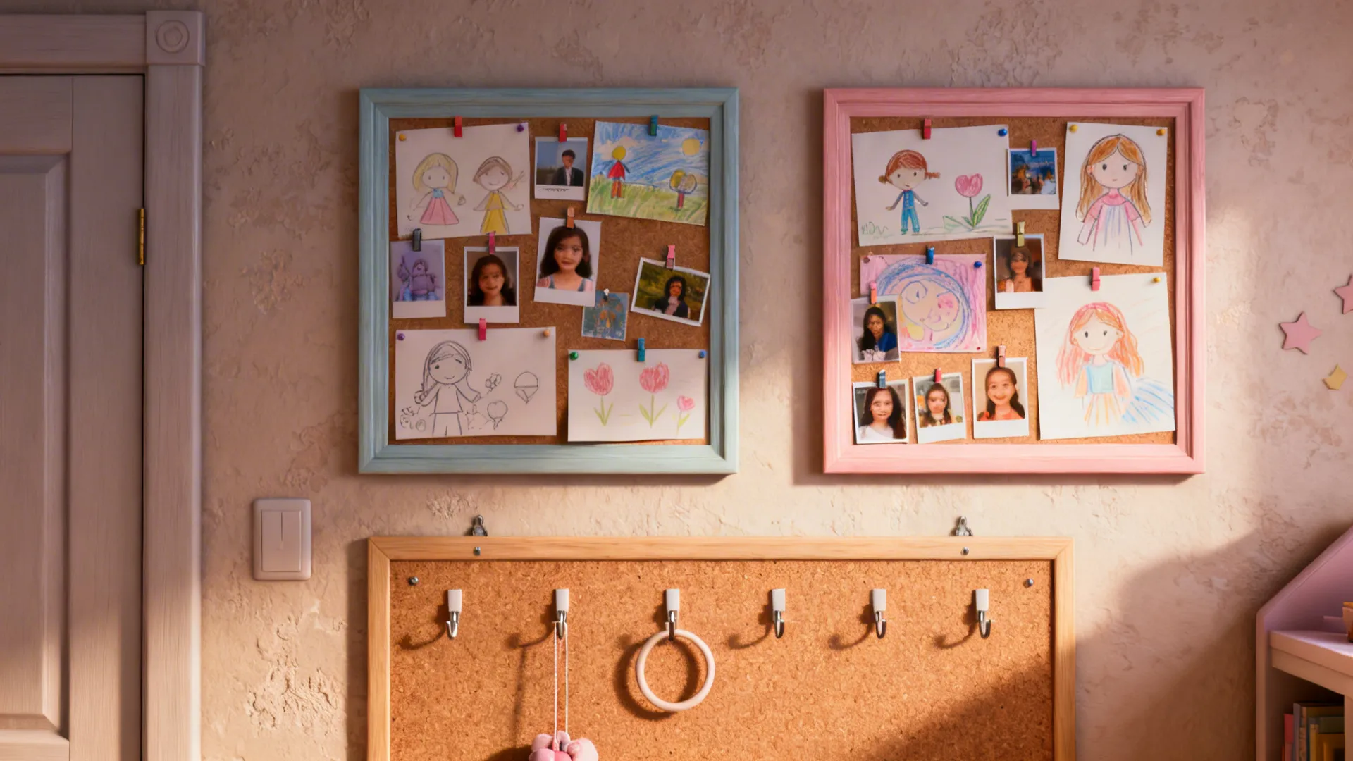 Gallery wall with individual frames and clipboards for each sister to display artwork.