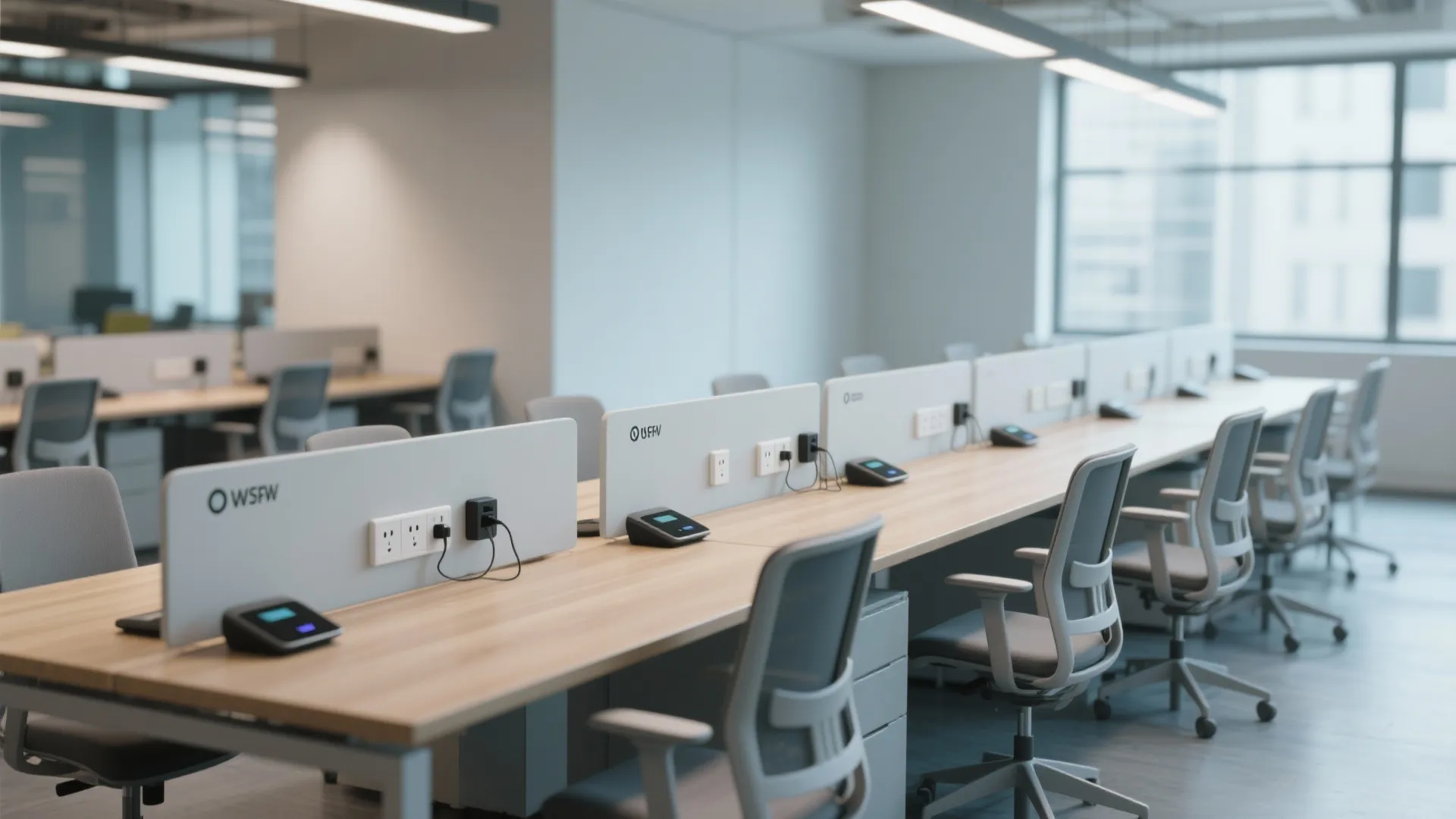 Open office workspace with wooden desks grey chairs white privacy dividers and overhead light fixtures