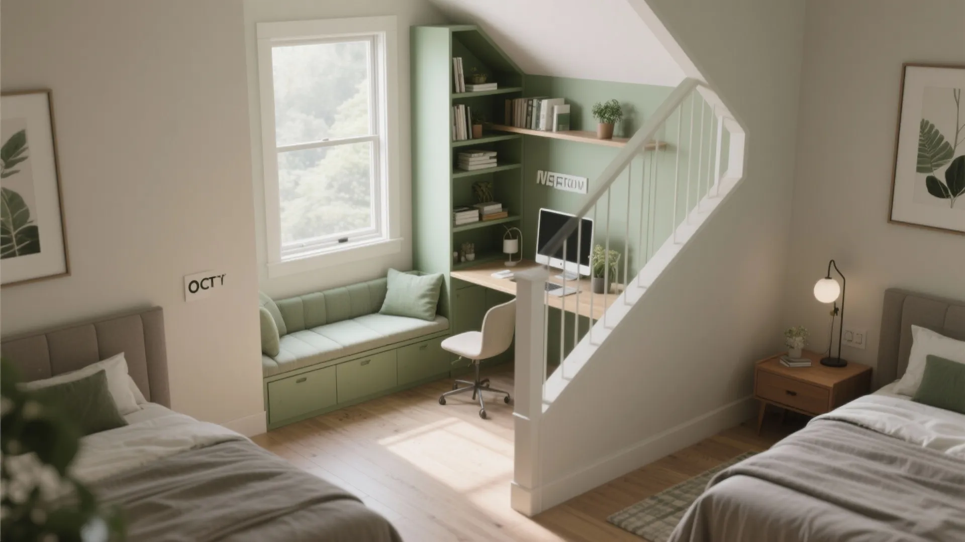 Small home office nook under stairs with green cabinets desk chair and window bench seat