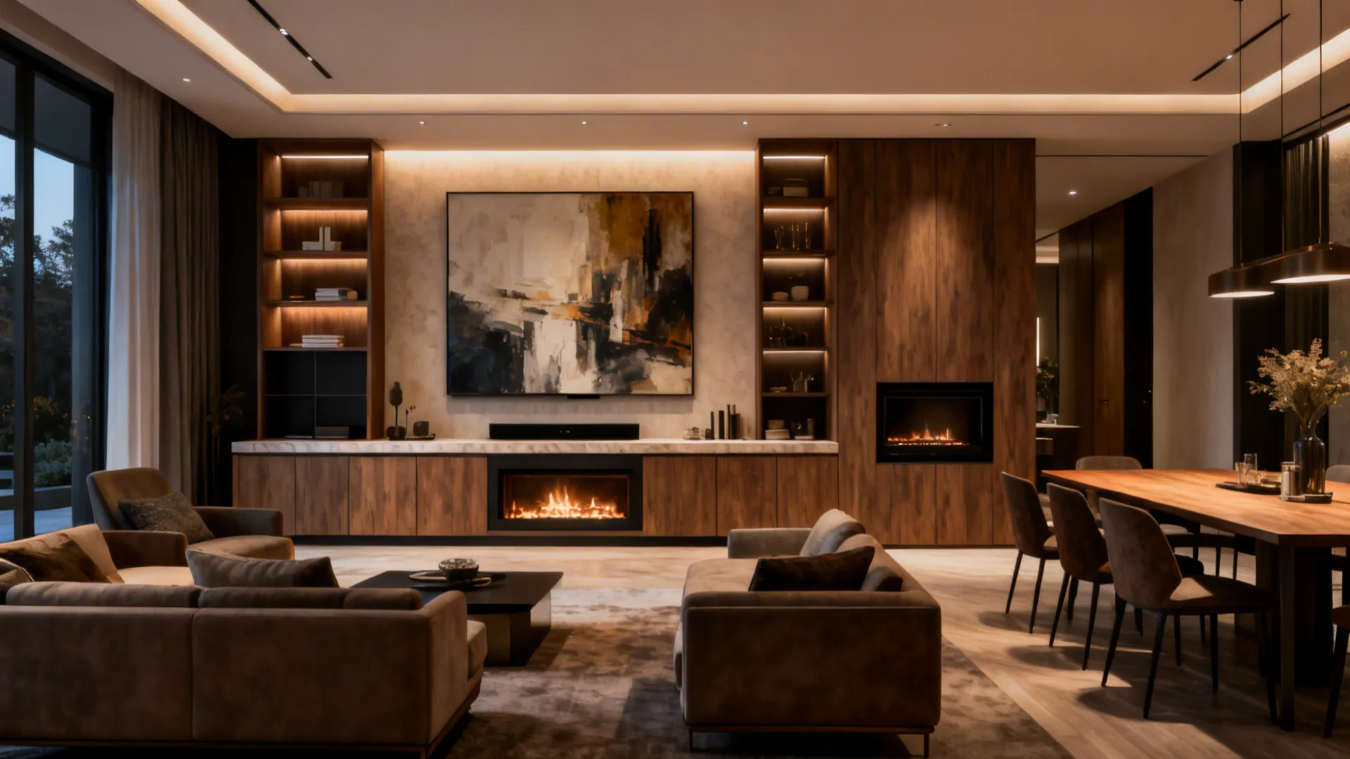 Low cabinetry focal wall doubling as media console and dining buffet with statement art