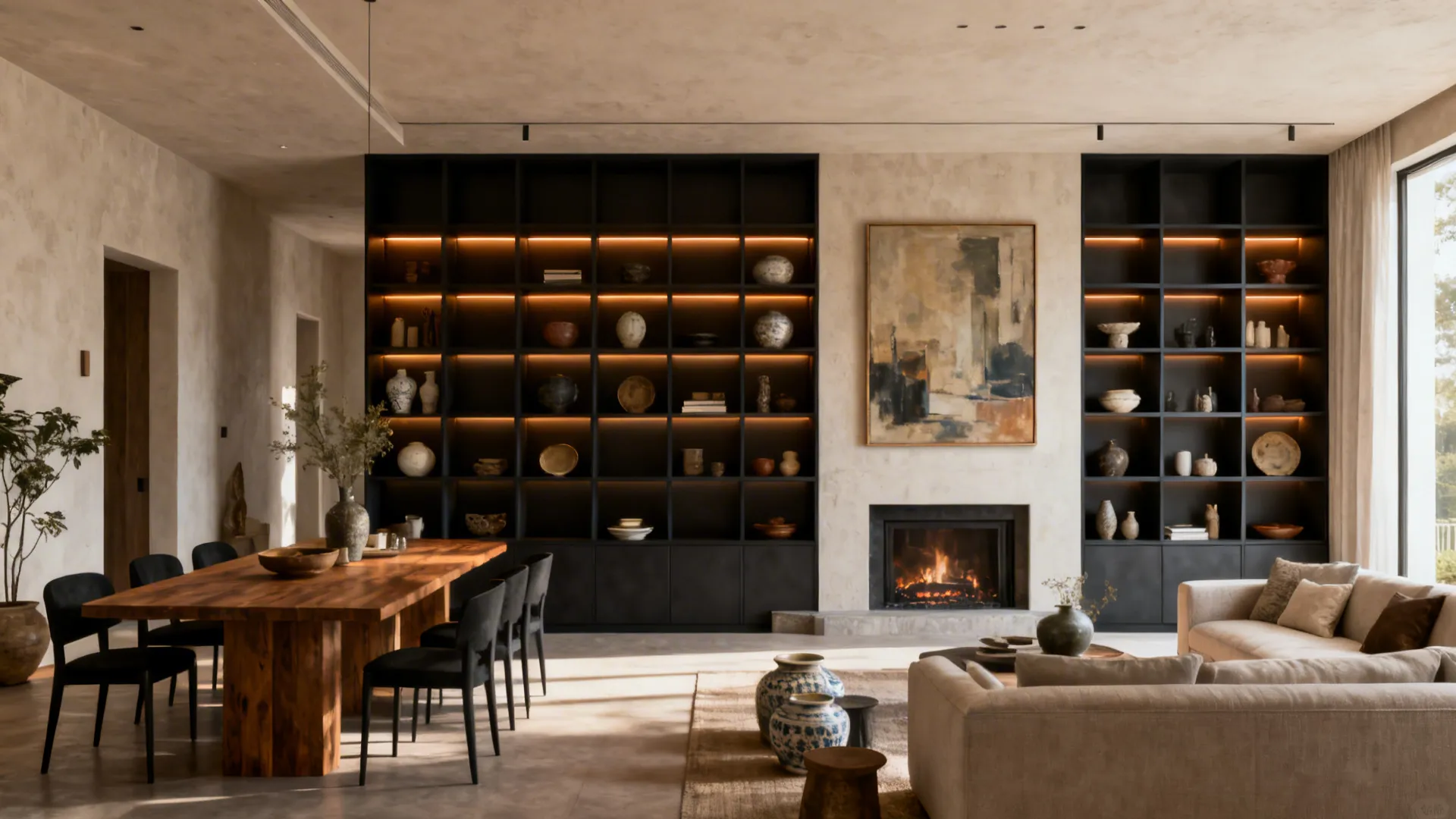 Floor-to-ceiling shelving and fireplace serving as a shared focal point for dining and living areas.