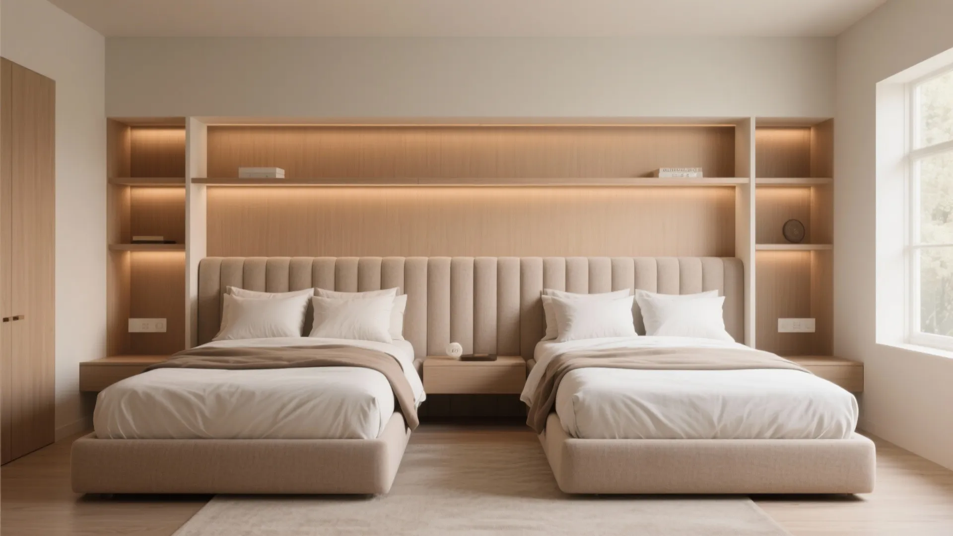 Modern bedroom featuring two beds sharing a large wooden headboard with built-in shelves and lighting