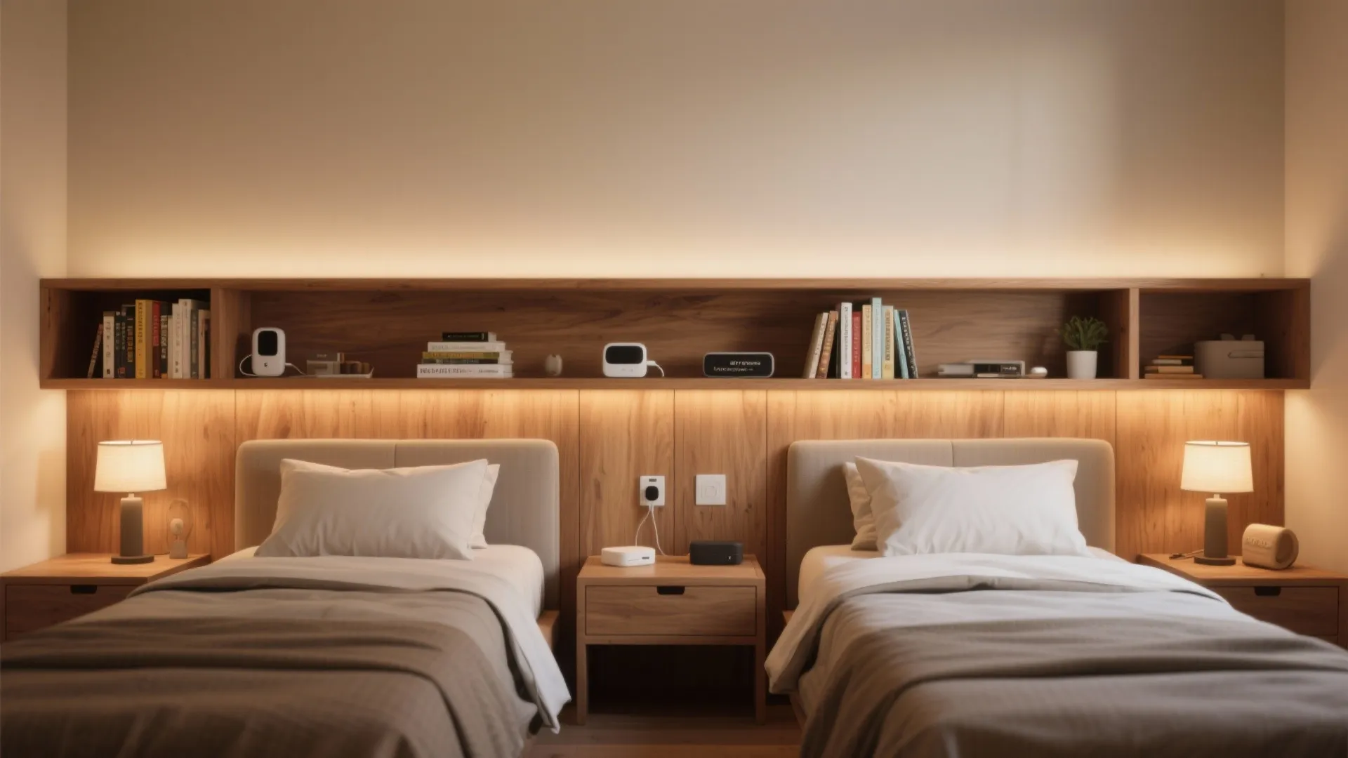Twin beds sharing a continuous wooden headboard with built-in shelving and bedside items
