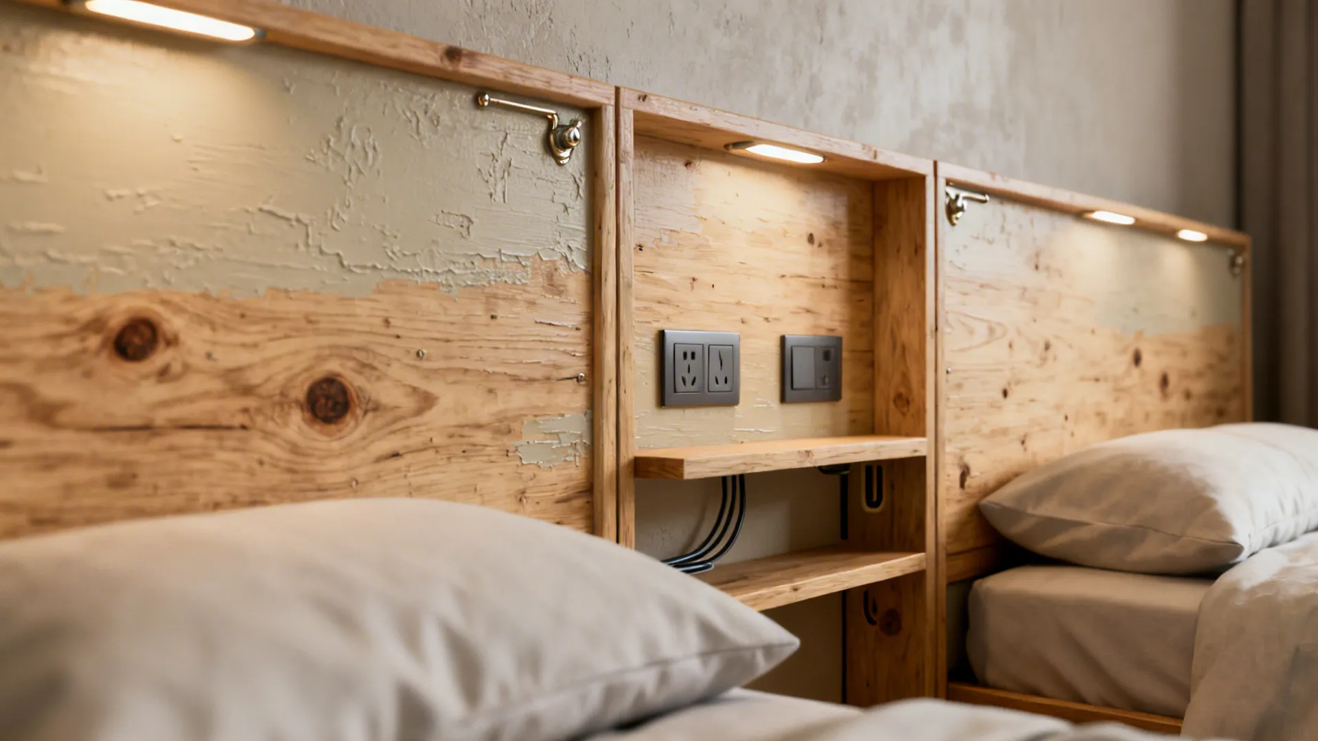 Shared painted plywood headboard with built-in shelves, reading lights, and hidden wiring across two beds.