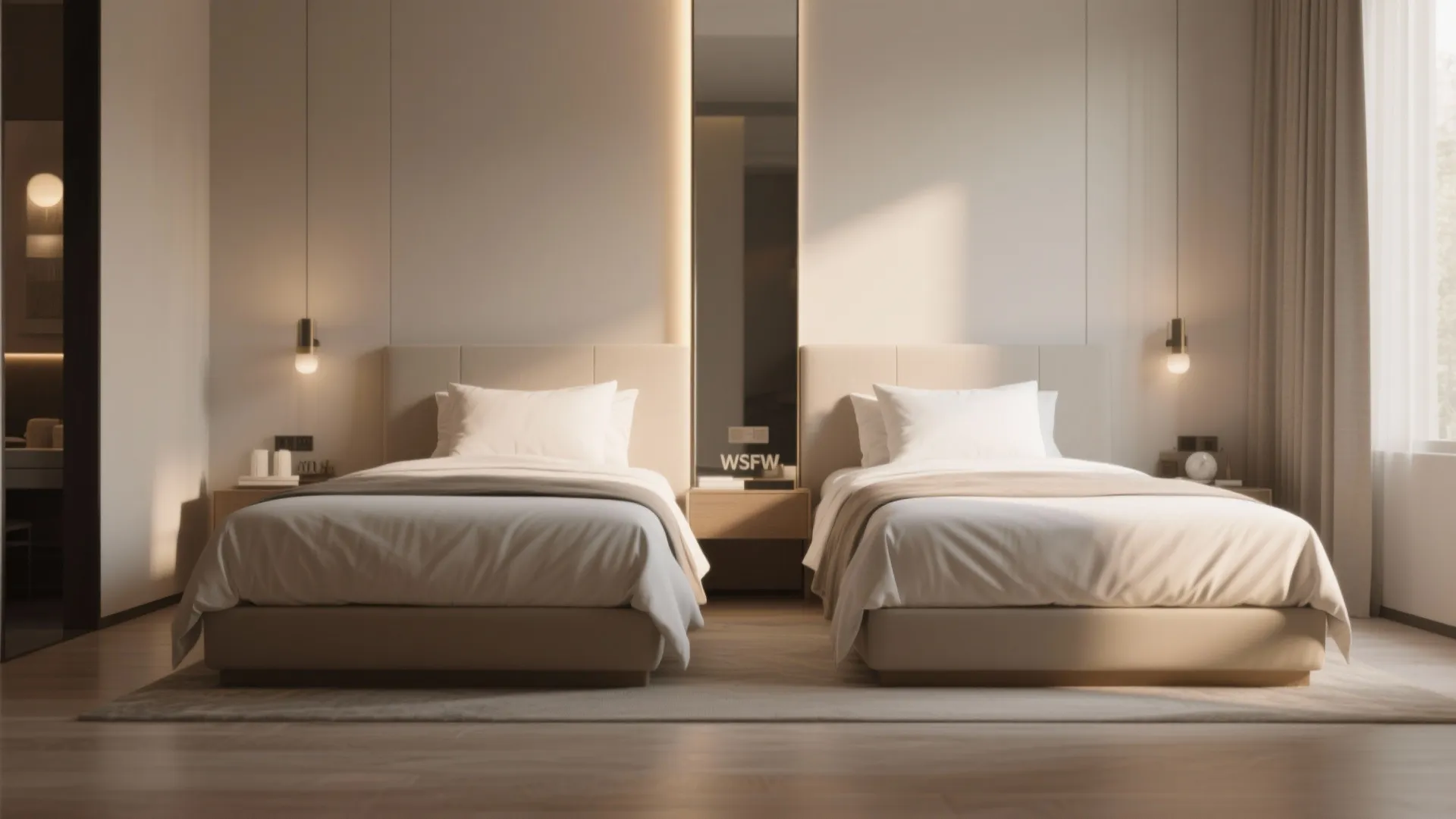 Modern hotel bedroom with two single beds shared headboard hanging light fixtures and warm sunlight