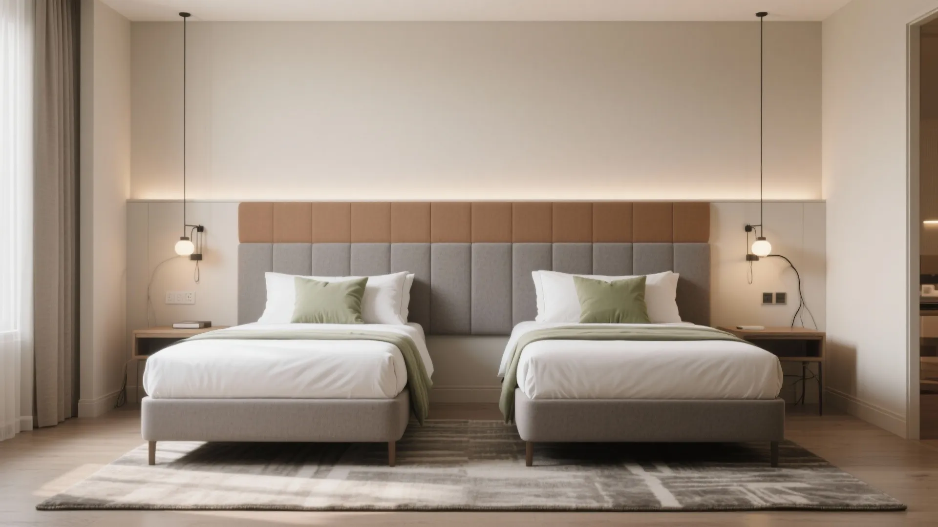 1) Minimalist headboard wall with shared sconces