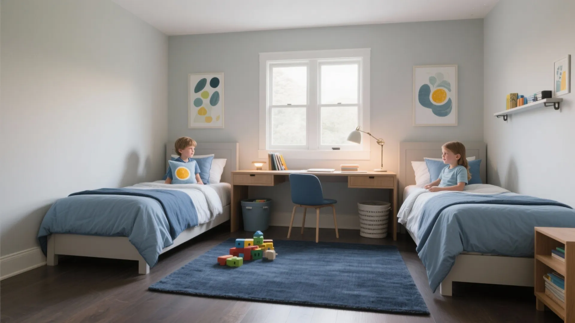 Modern shared kids bedroom with two single beds, blue rug, wooden desk, and natural light