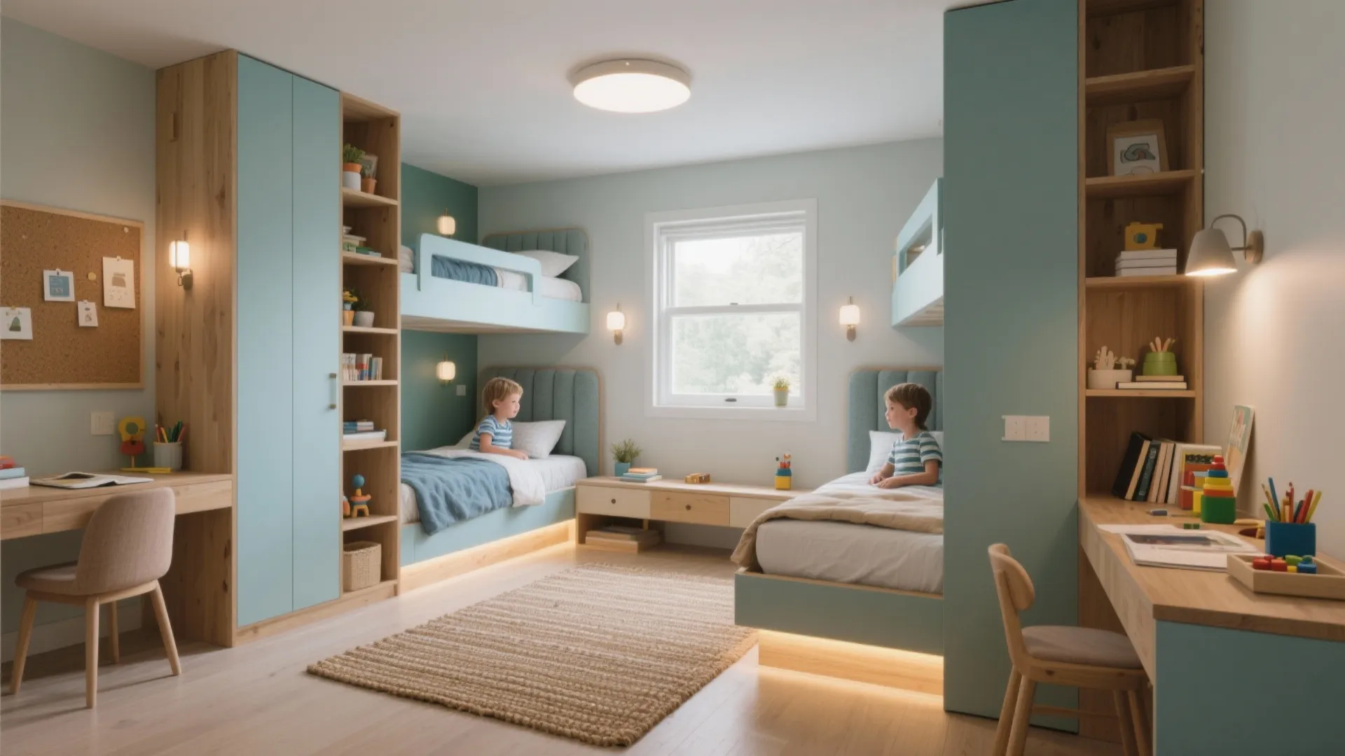 Modern shared kids bedroom with blue bunk beds wooden desks wall lights and a large rug
