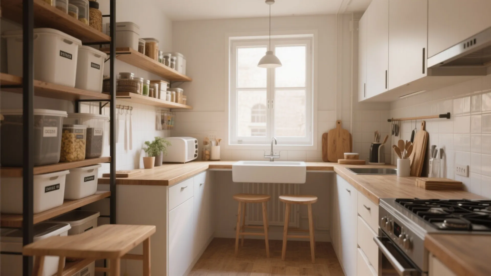 Bright small kitchen with white cabinets wooden counters white sink central window and open shelving