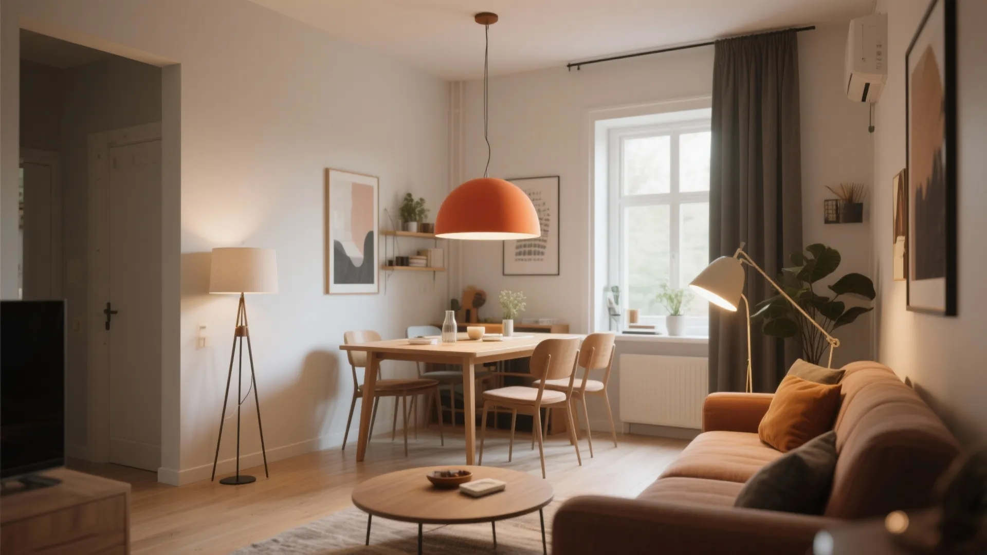 Modern open plan living room featuring wooden dining table orange ceiling light and brown fabric sofa