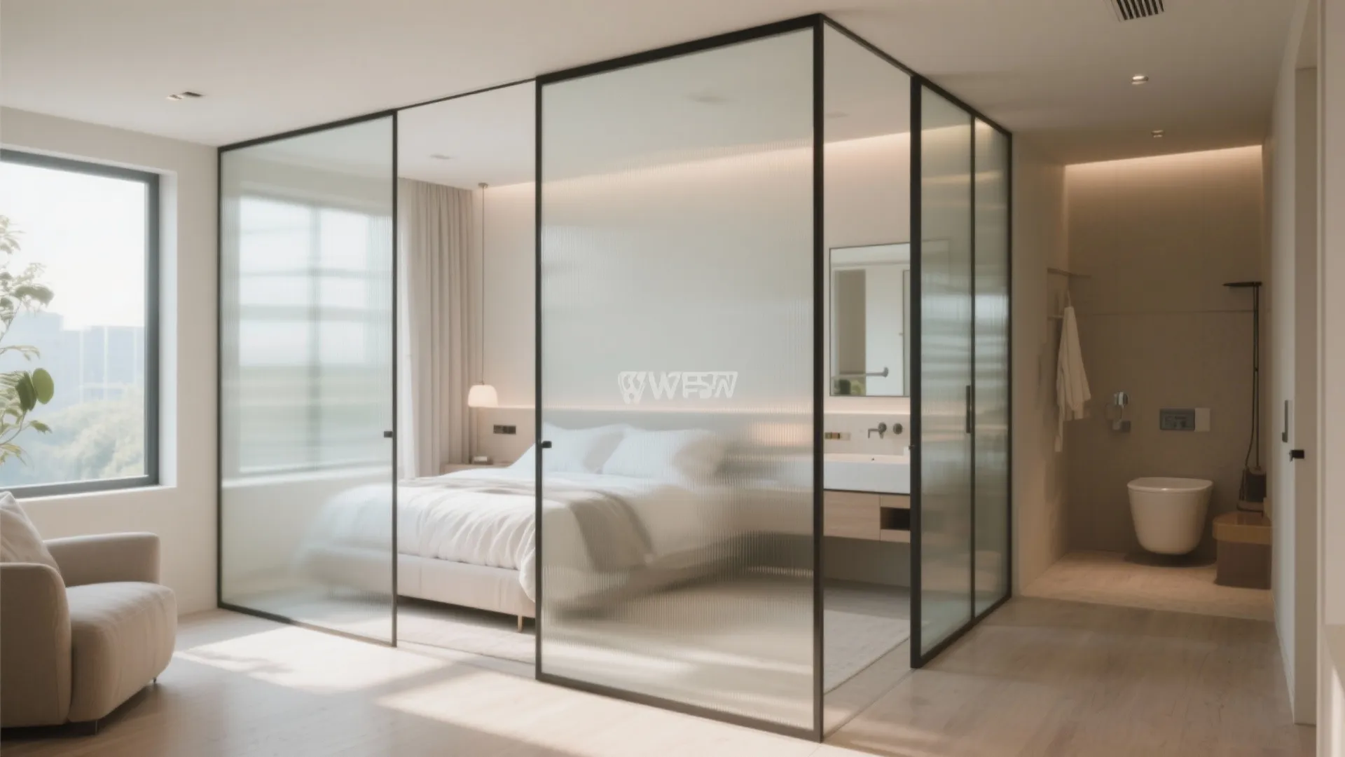 Glass wall partition with black frames separating a white bedroom from a modern ensuite bathroom