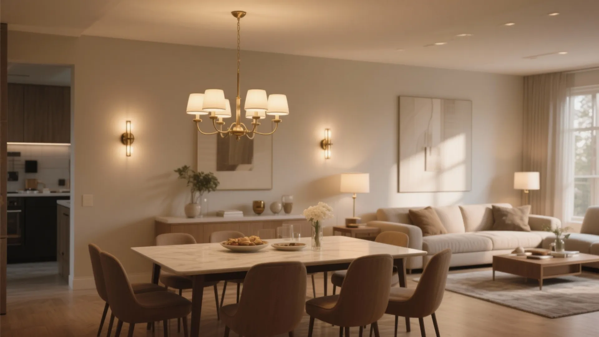 Warm dining room with marble table gold ceiling light wall lights and soft living furniture