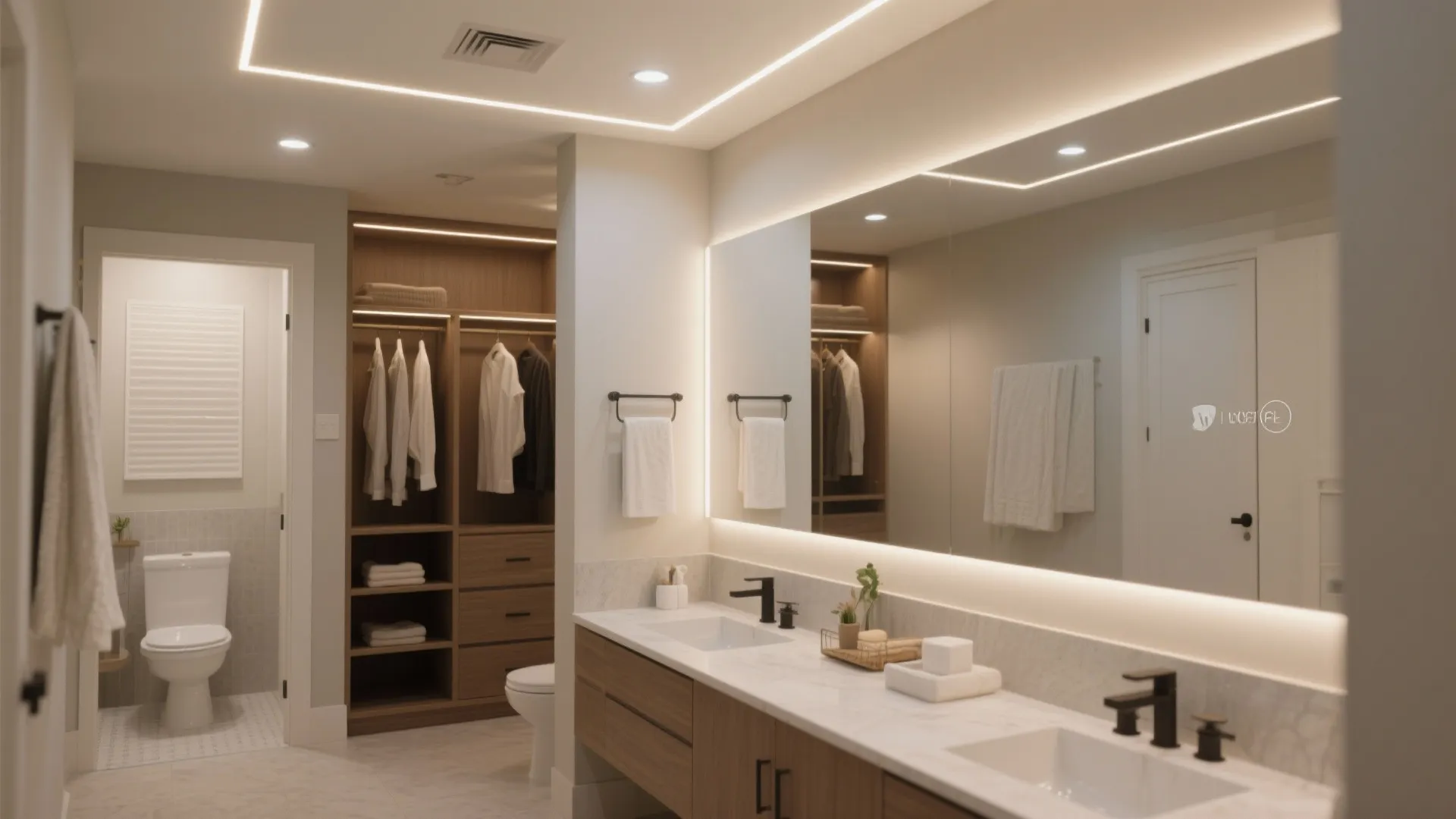Modern bathroom with double sink cabinet large mirror ceiling light wood wardrobe and white toilet