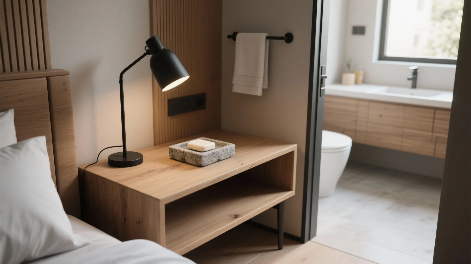 Wooden bedside table with black lamp and view into bathroom with white toilet and sink