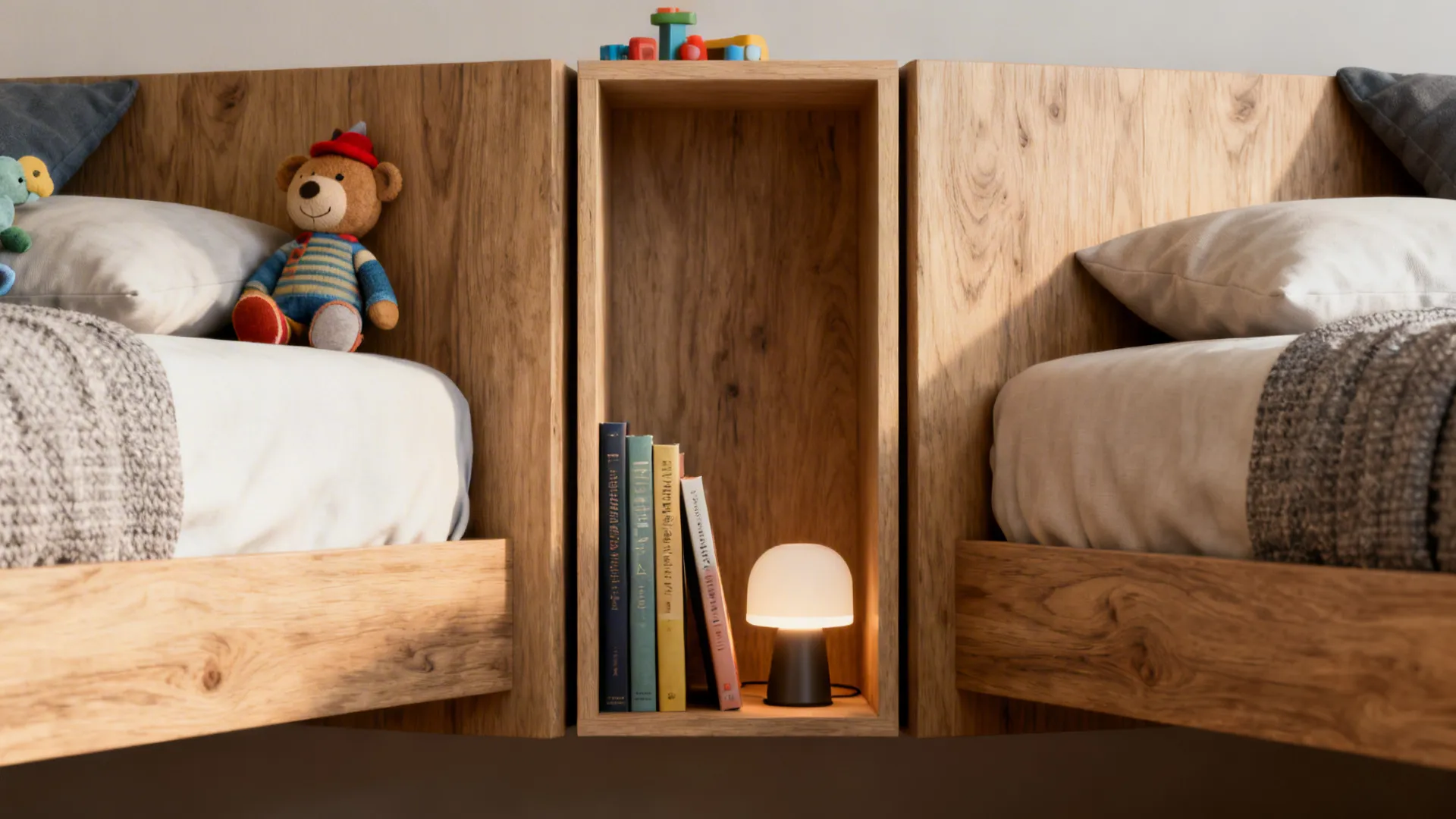 Floating shared bedside cubby between two offset twin beds with lamp and books