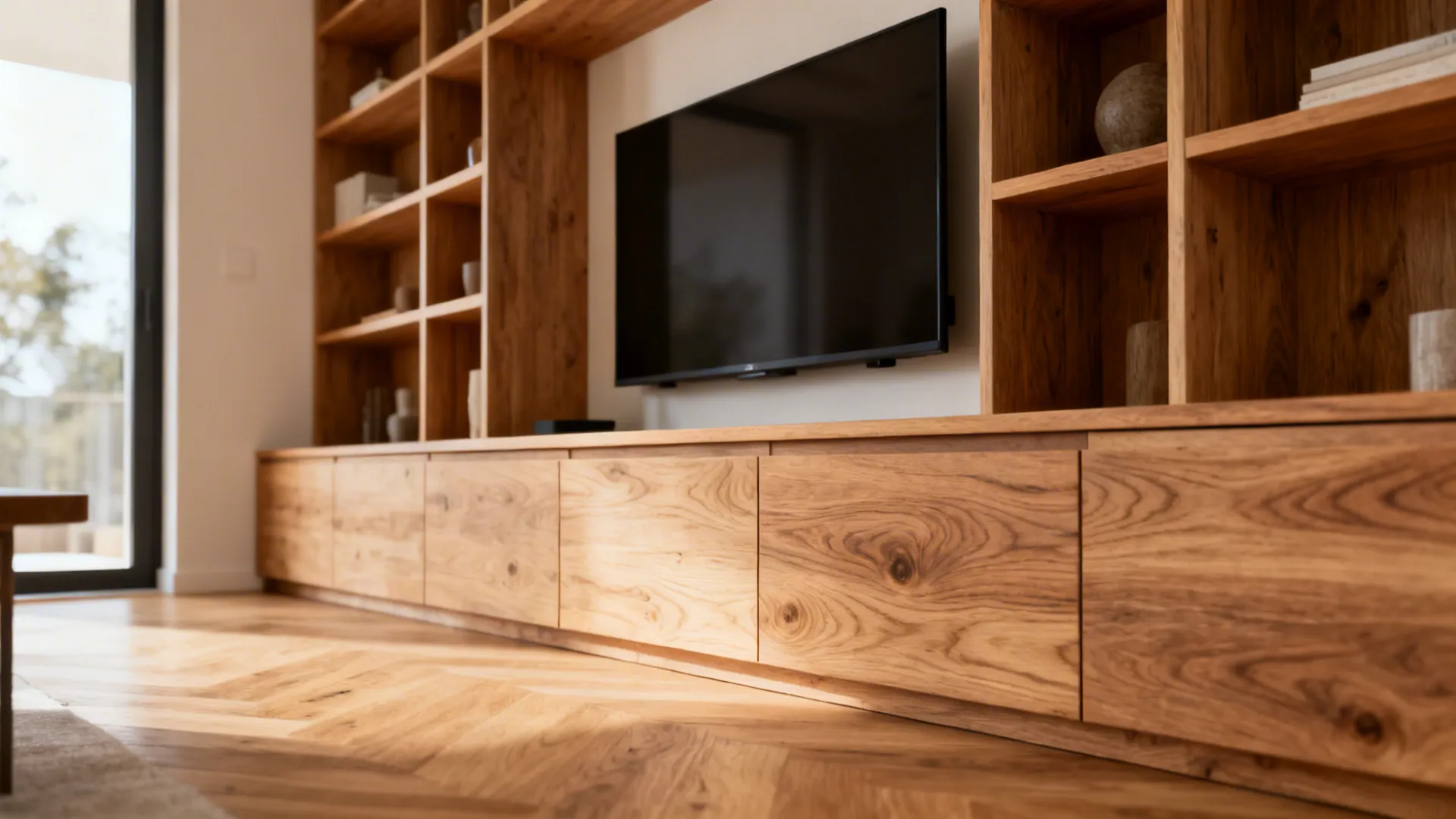 Repeated oak wood tone on shelving, TV console, and flooring unifying an open-plan interior.