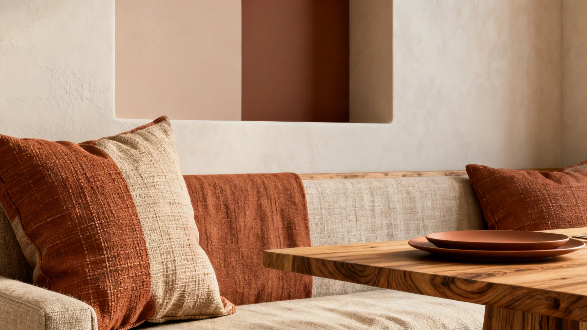 Close-up of coordinated cushions, tableware, and paint samples unifying living and dining areas